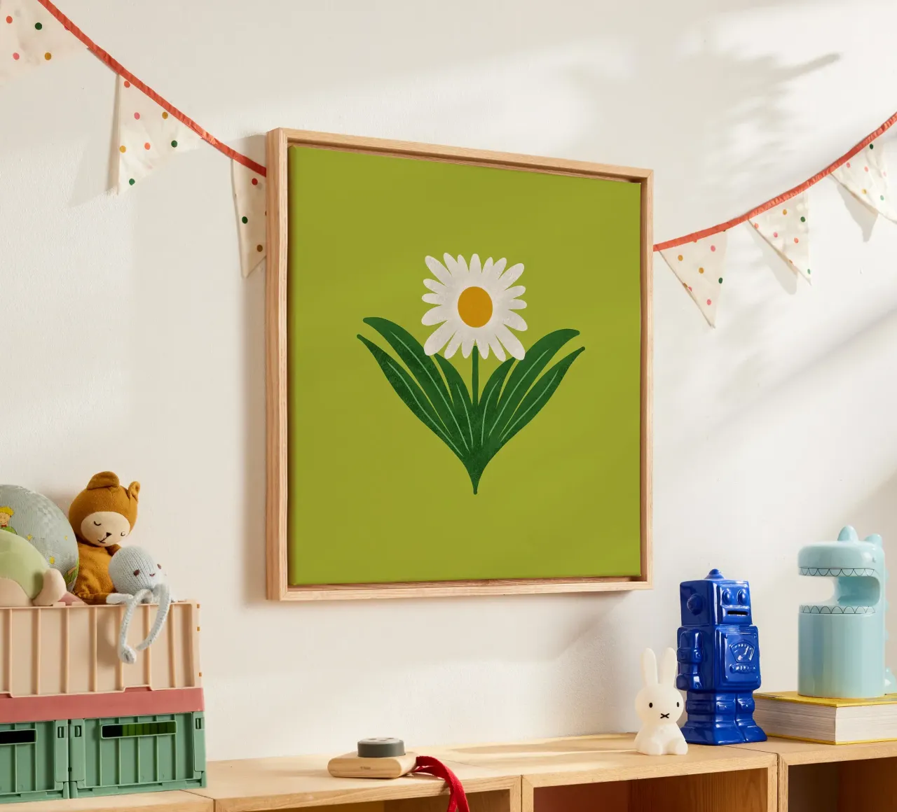 Margherita floreale retrò anni '70 su verde avocado - Mod Flower tela con Cornice a cassetta da susanacosta