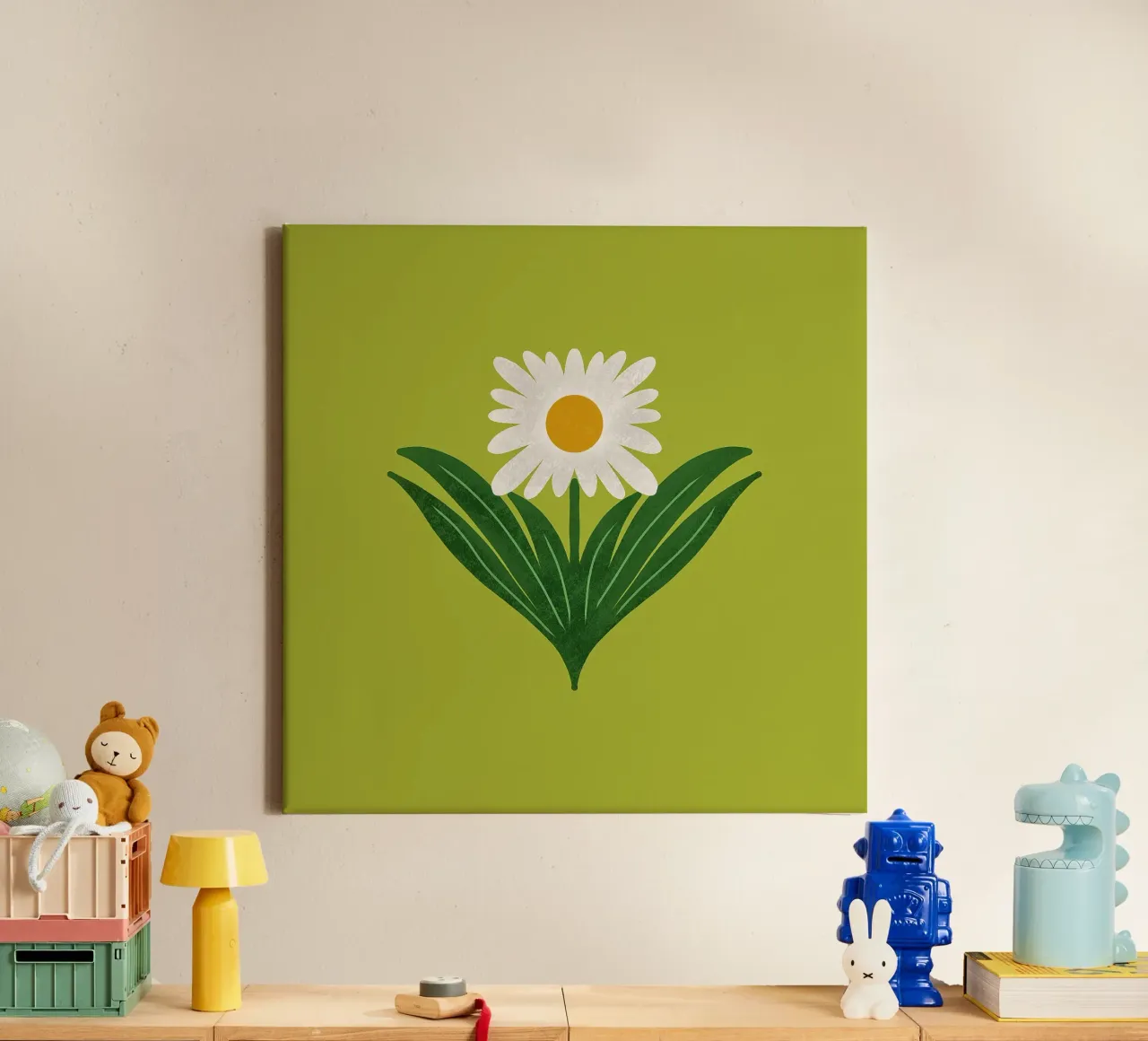 Margherita floreale retrò anni '70 su verde avocado - Mod Flower tela con Cornice a cassetta da susanacosta