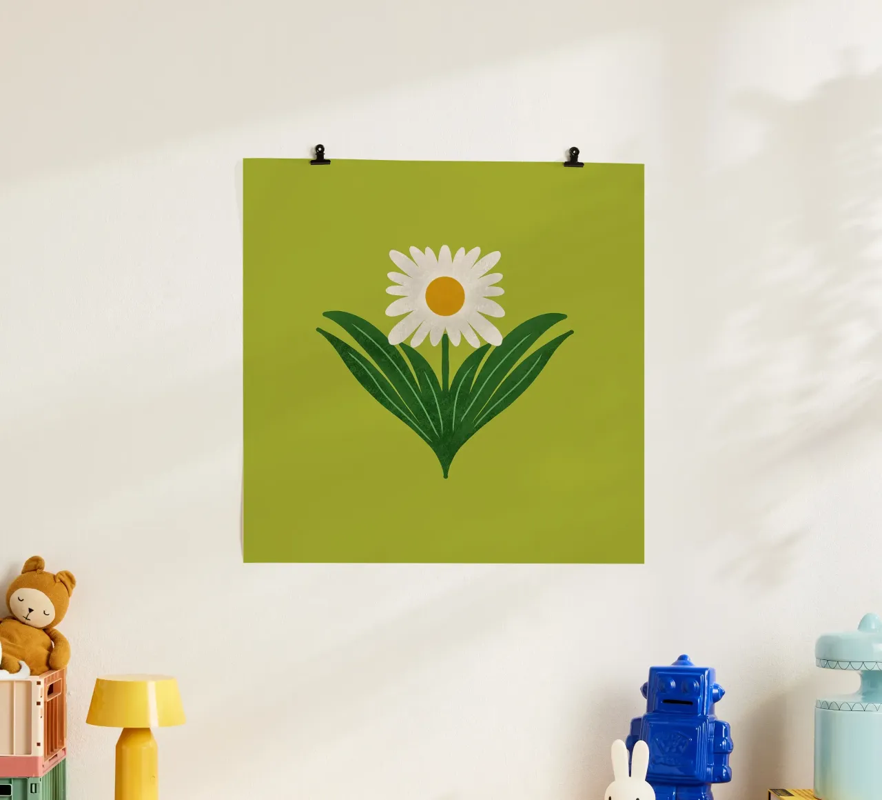 Margherita floreale retrò anni '70 su verde avocado - Mod Flower poster con telaio in alluminio da susanacosta