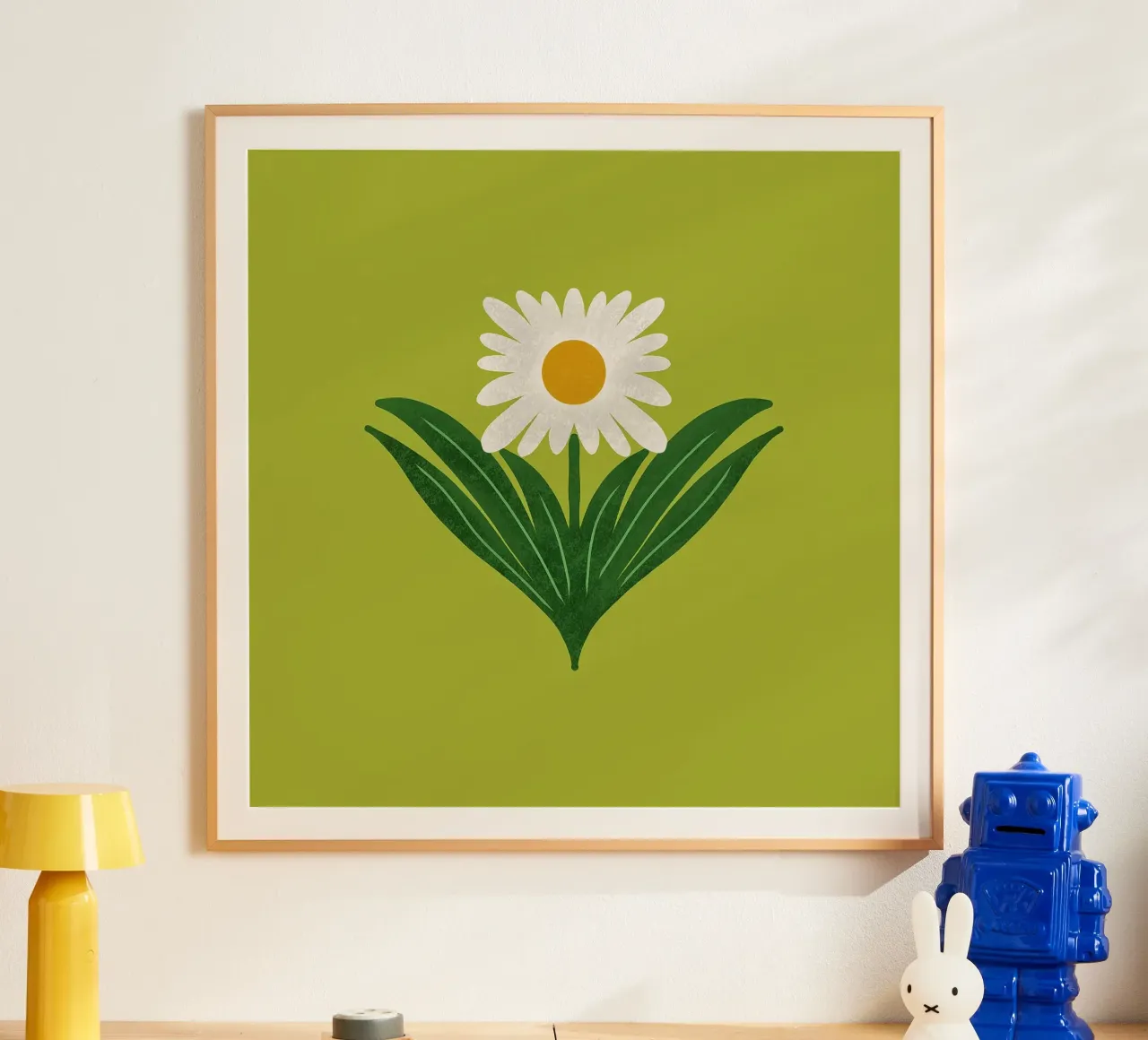 Margherita floreale retrò anni '70 su verde avocado - Mod Flower poster con telaio in alluminio da susanacosta