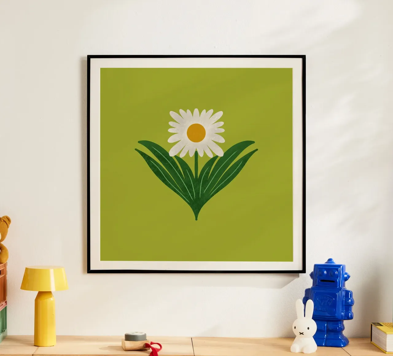 Margherita floreale retrò anni '70 su verde avocado - Mod Flower poster con telaio in alluminio da susanacosta