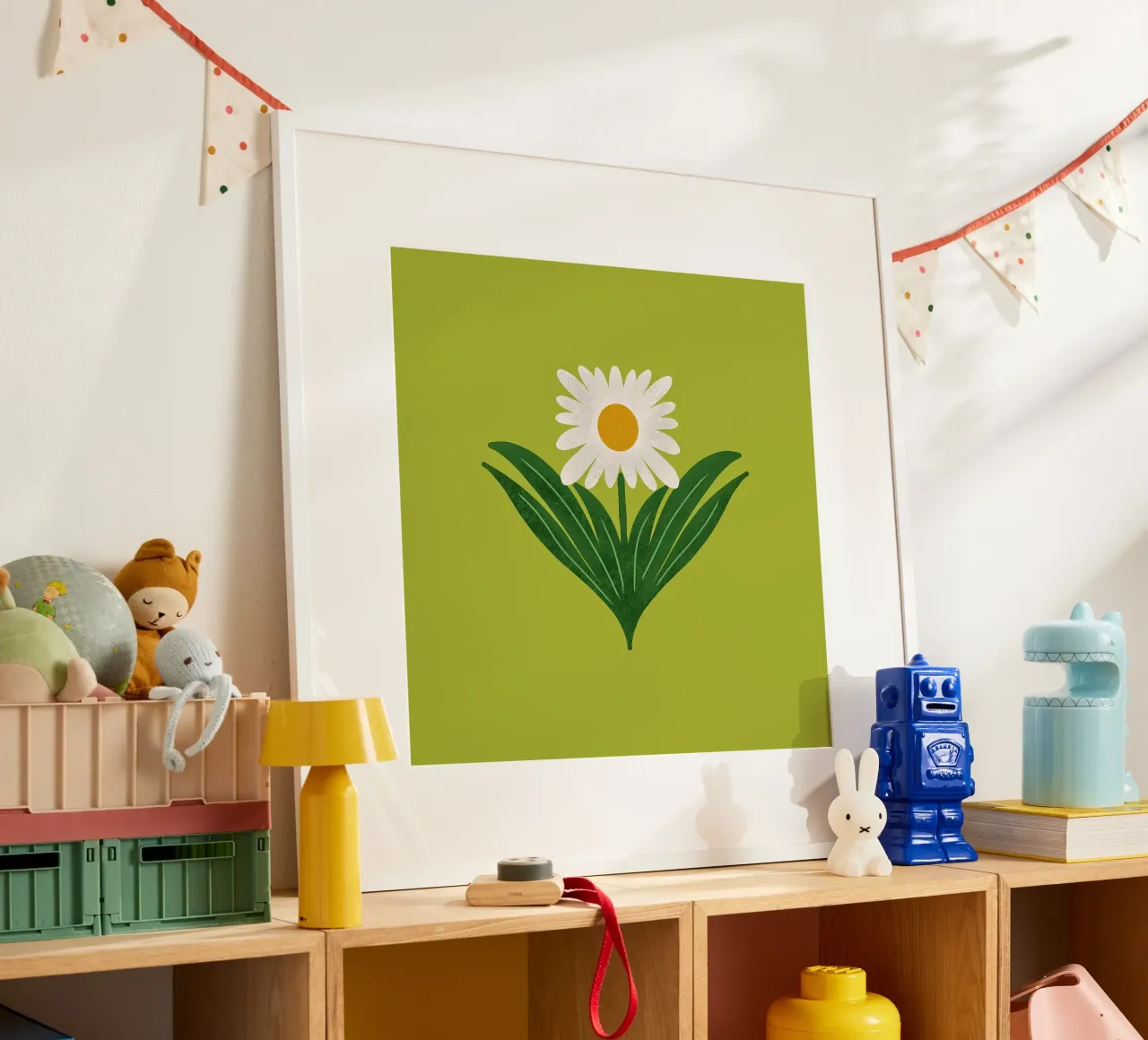 Margherita floreale retrò anni '70 su verde avocado - Mod Flower poster con telaio in alluminio da susanacosta