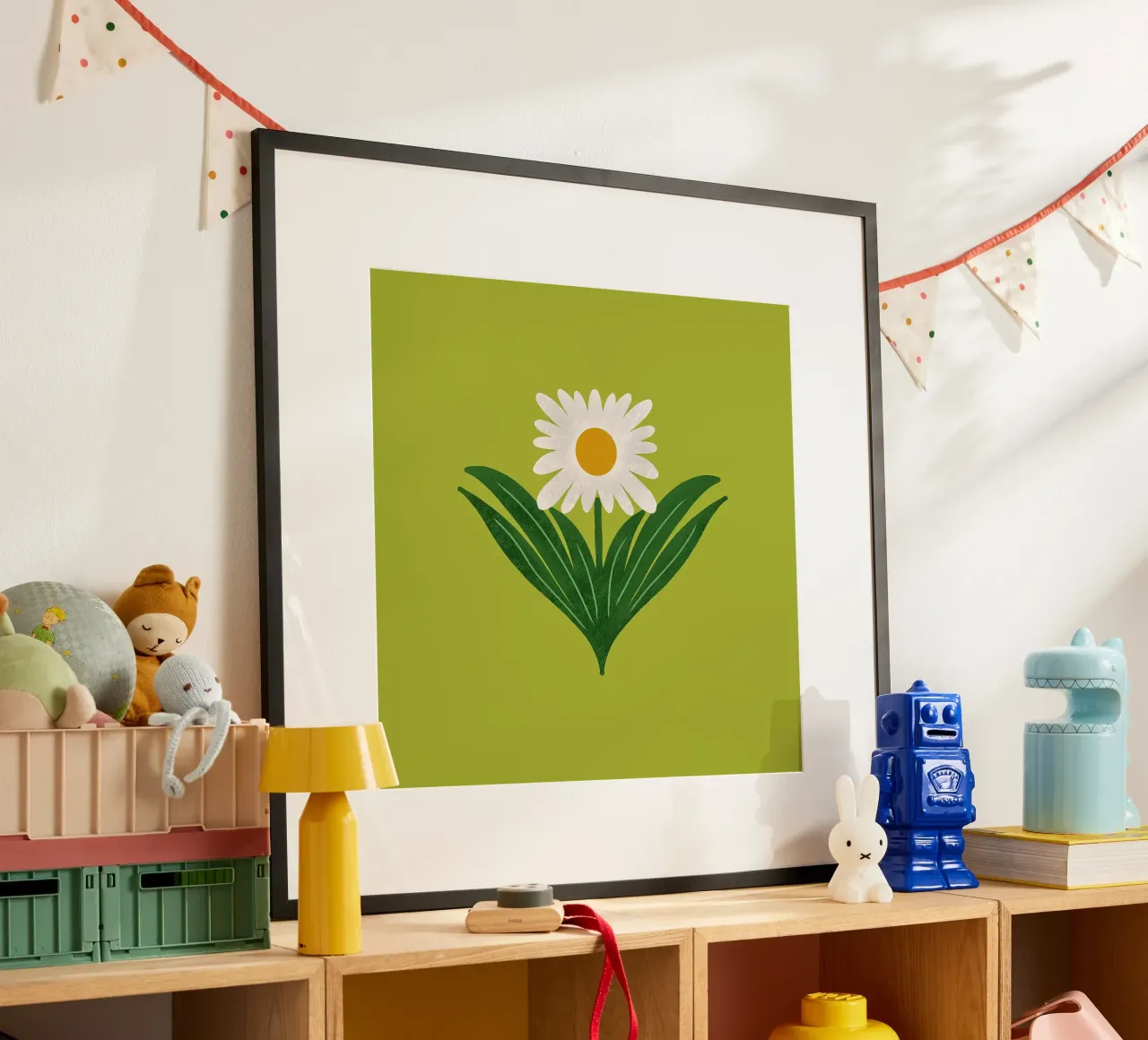 Margherita floreale retrò anni '70 su verde avocado - Mod Flower poster con telaio in alluminio da susanacosta