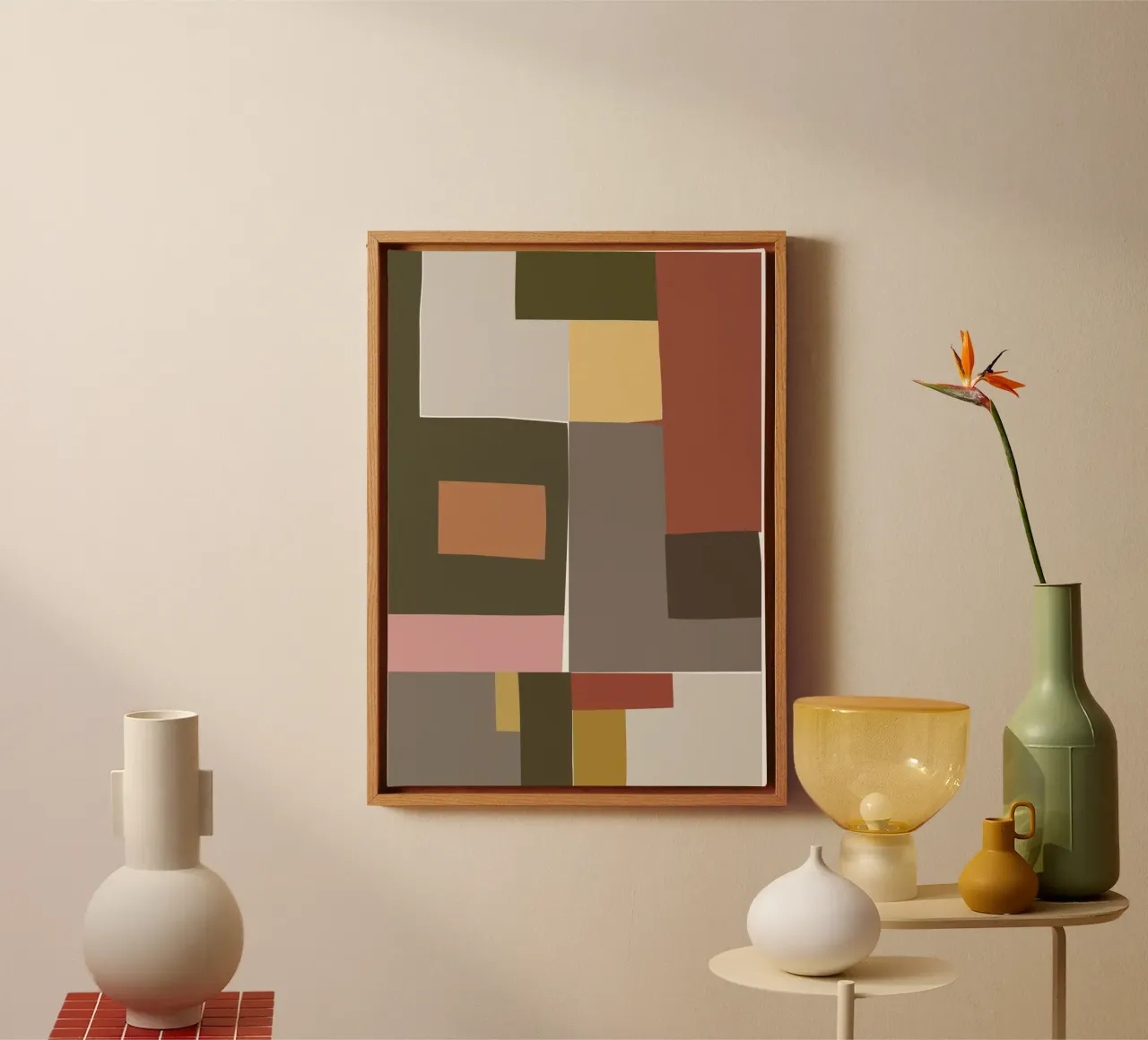Mosaic Color Blocking | Olive & Tan canvas met Baklijst van sabidussi