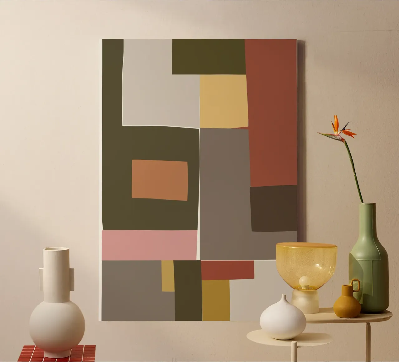 Mosaic Color Blocking | Olive & Tan canvas met Baklijst van sabidussi