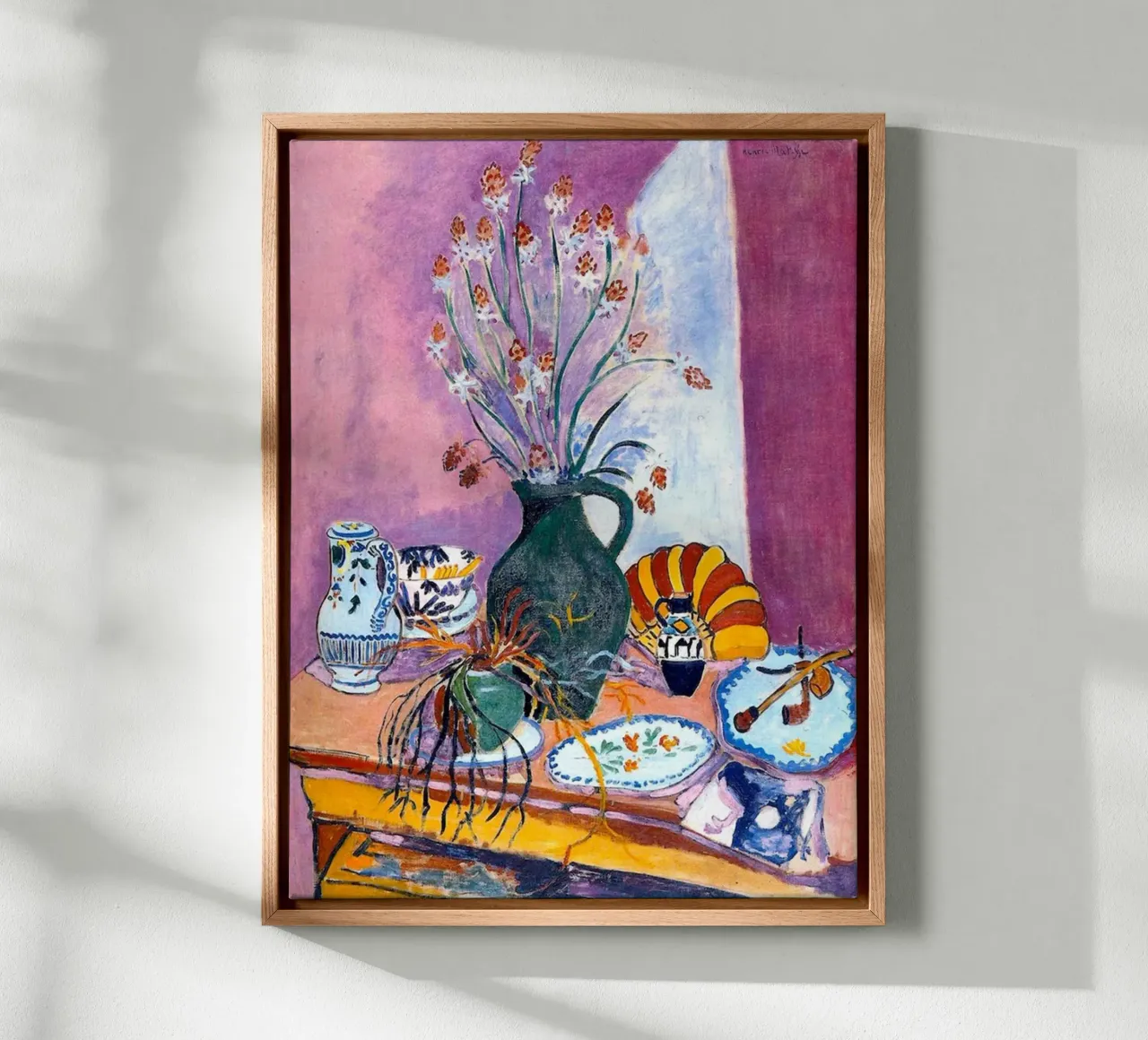 antiques arranged on the table canvas with Floater frame by briyan shop