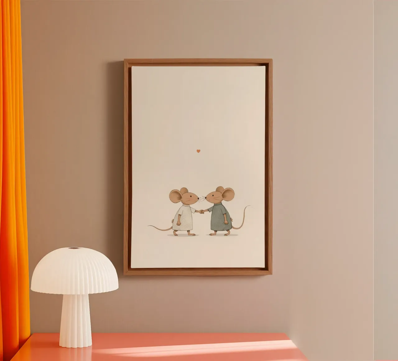 Liefdevolle twee muizen die elkaars hand vasthouden canvas met Baklijst van DesignDoodle