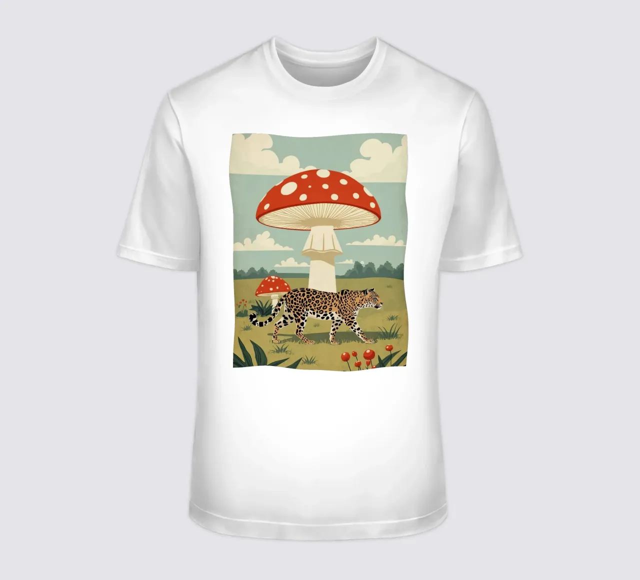 Giaguaro e funghi maculati in un campo t-shirt da DesignDoodle