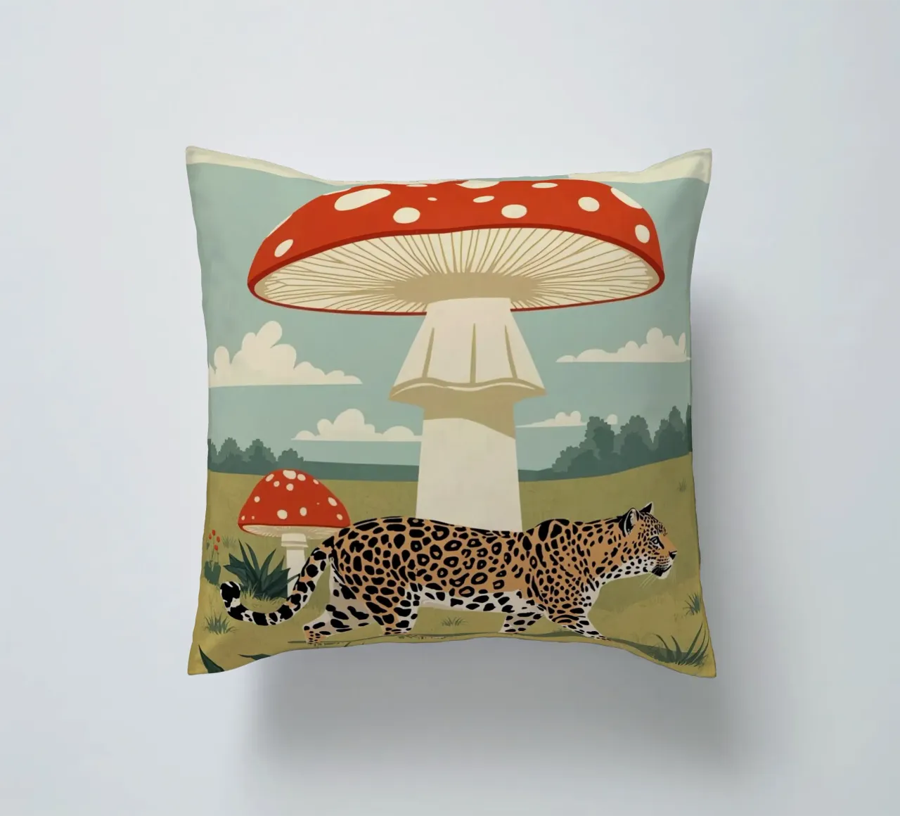 Giaguaro e funghi maculati in un campo cuscino da DesignDoodle