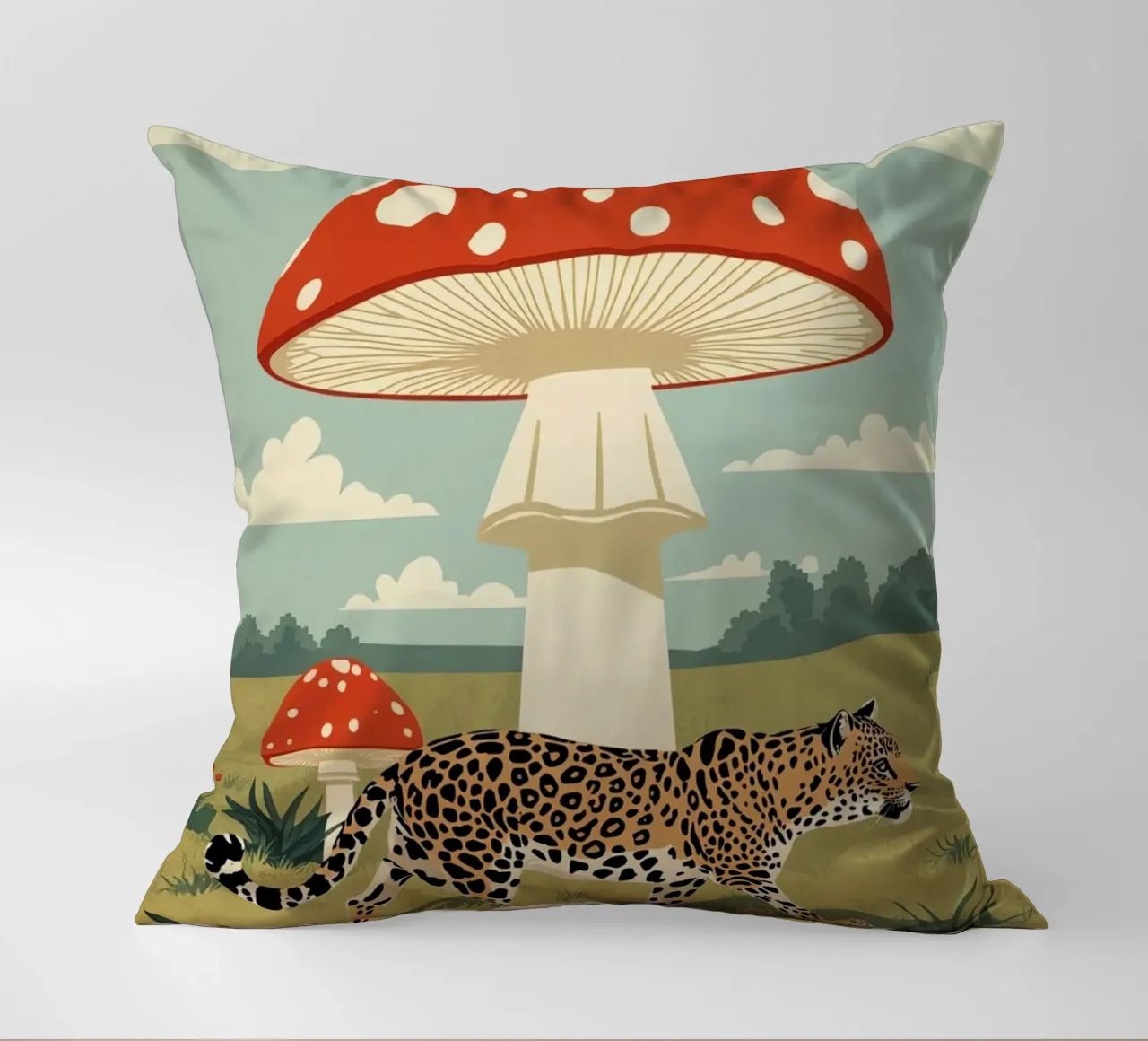 Giaguaro e funghi maculati in un campo cuscino da DesignDoodle