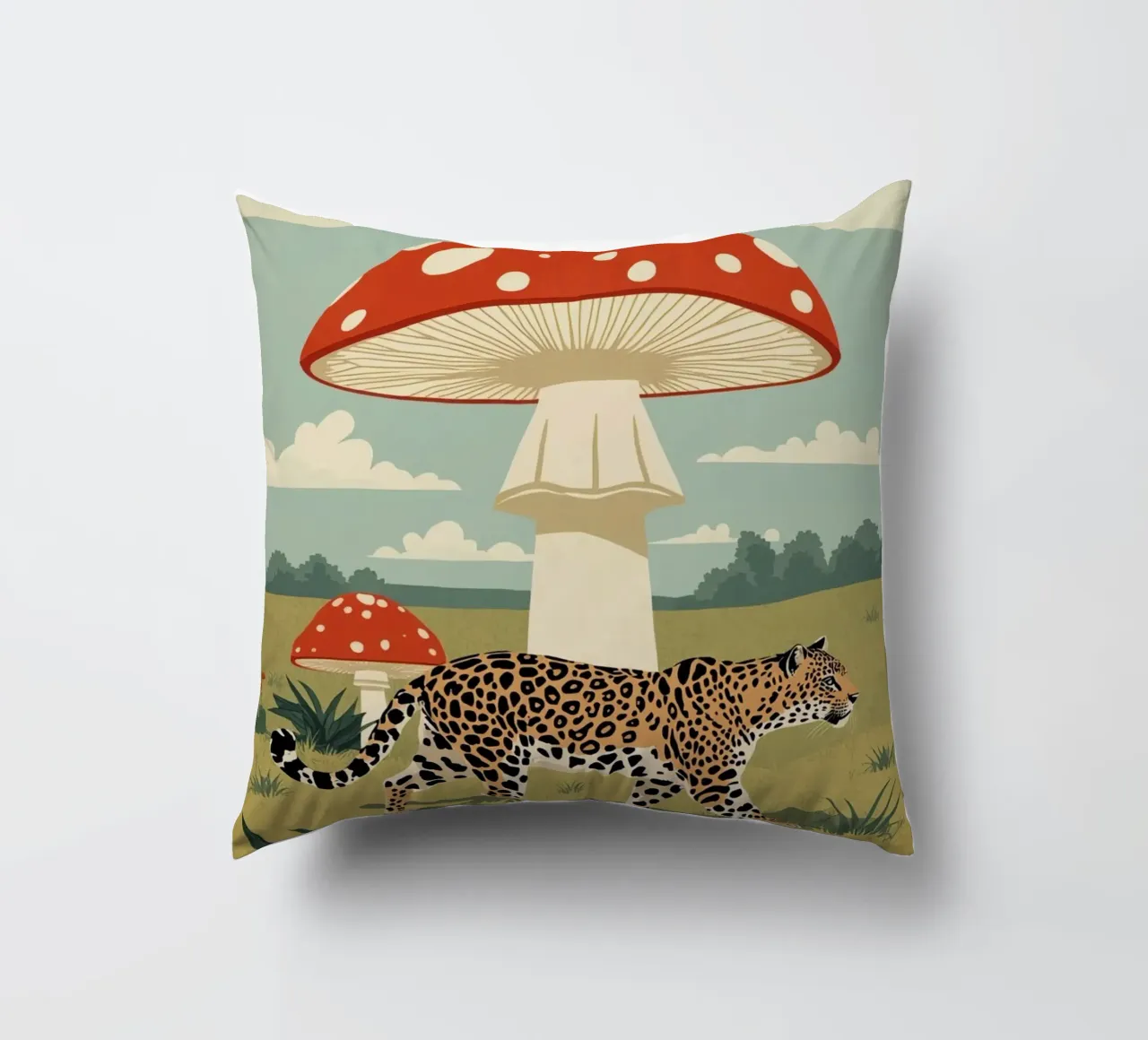 Giaguaro e funghi maculati in un campo cuscino da DesignDoodle