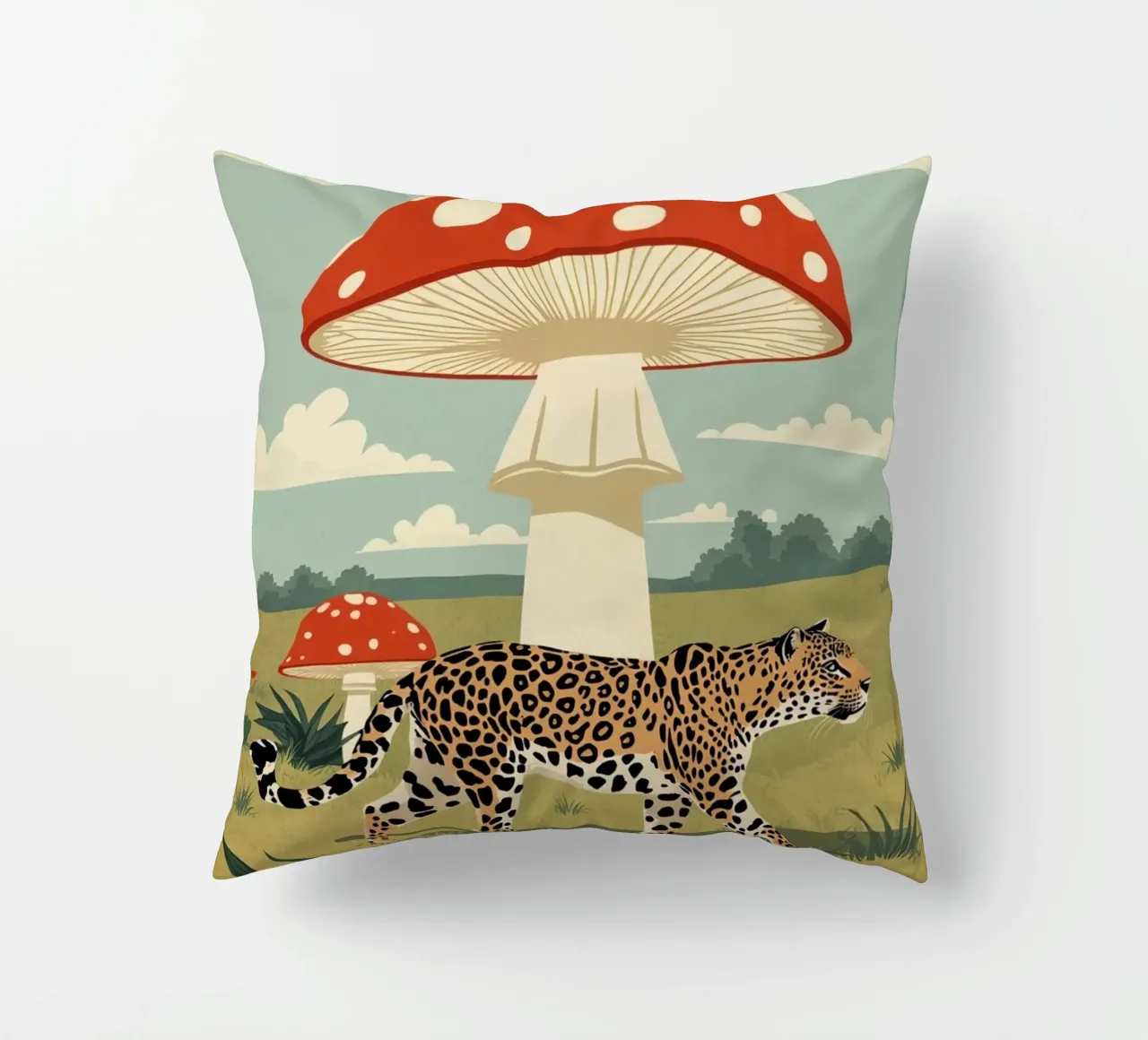 Giaguaro e funghi maculati in un campo cuscino da DesignDoodle
