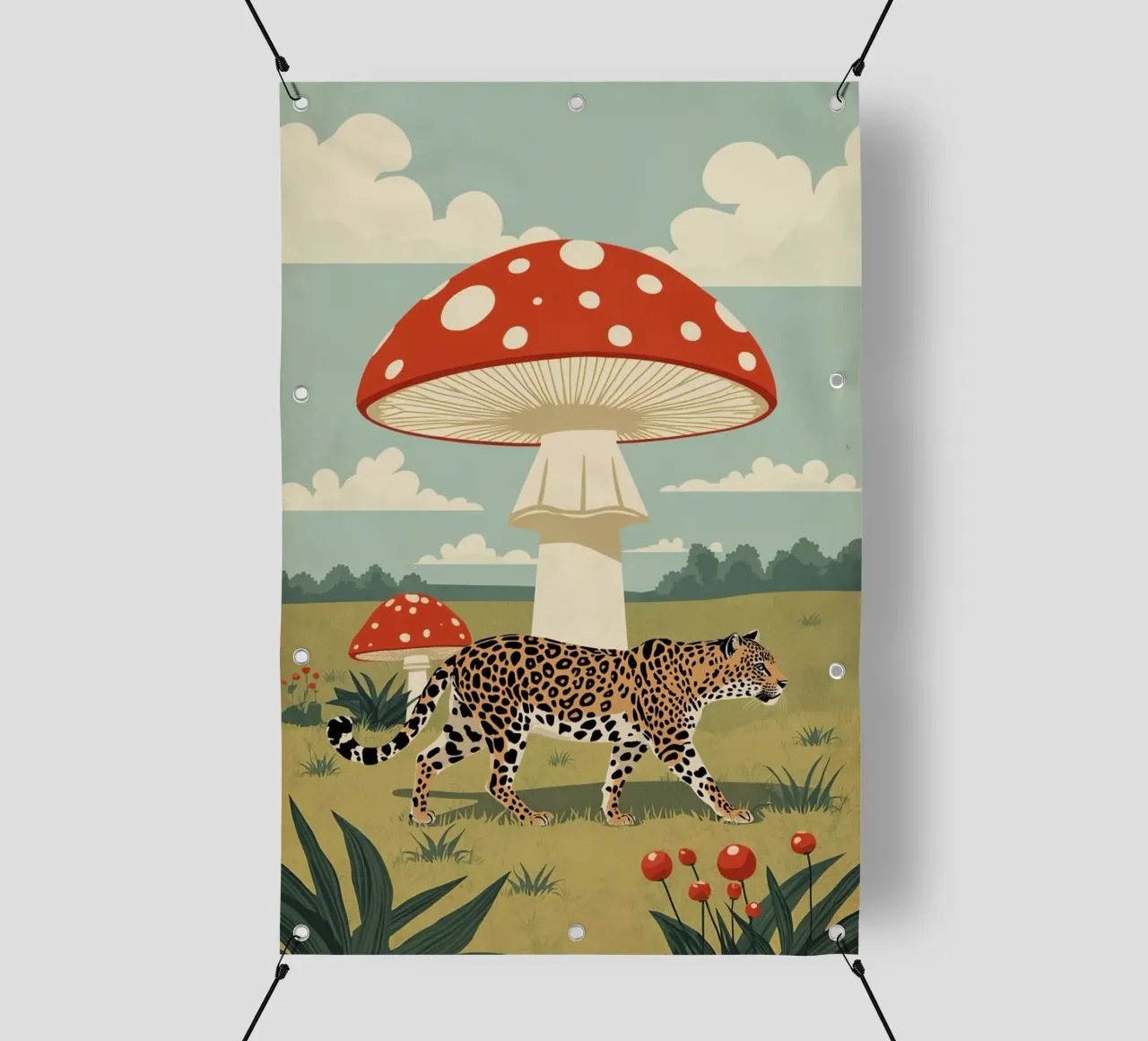 Giaguaro e funghi maculati in un campo telo in pvc da DesignDoodle