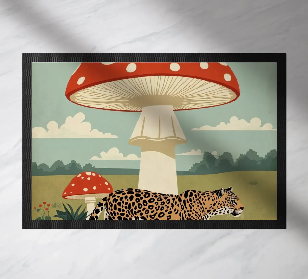 Giaguaro e funghi maculati in un campo zerbino da DesignDoodle