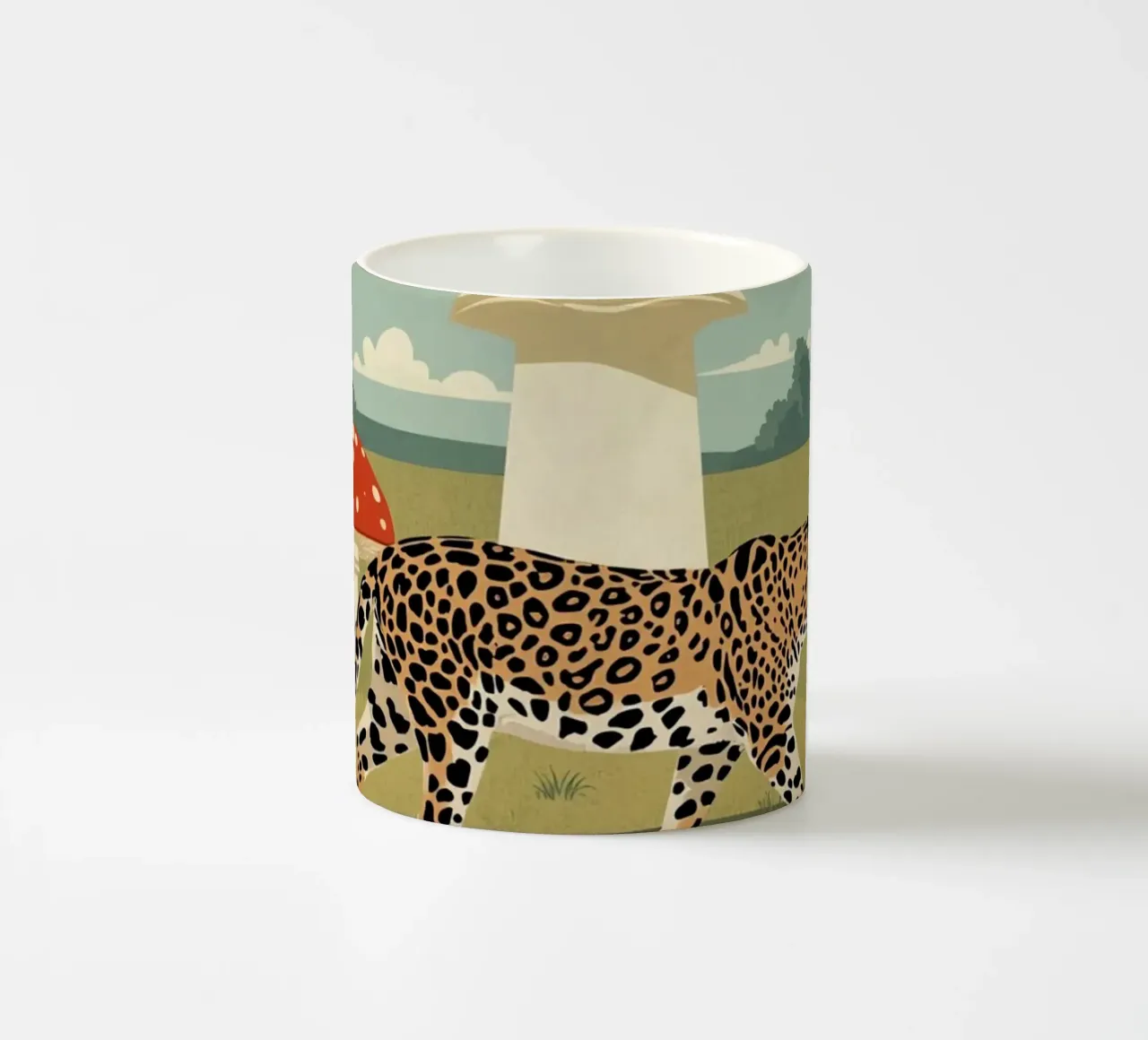 Giaguaro e funghi maculati in un campo tazza in ceramica da DesignDoodle