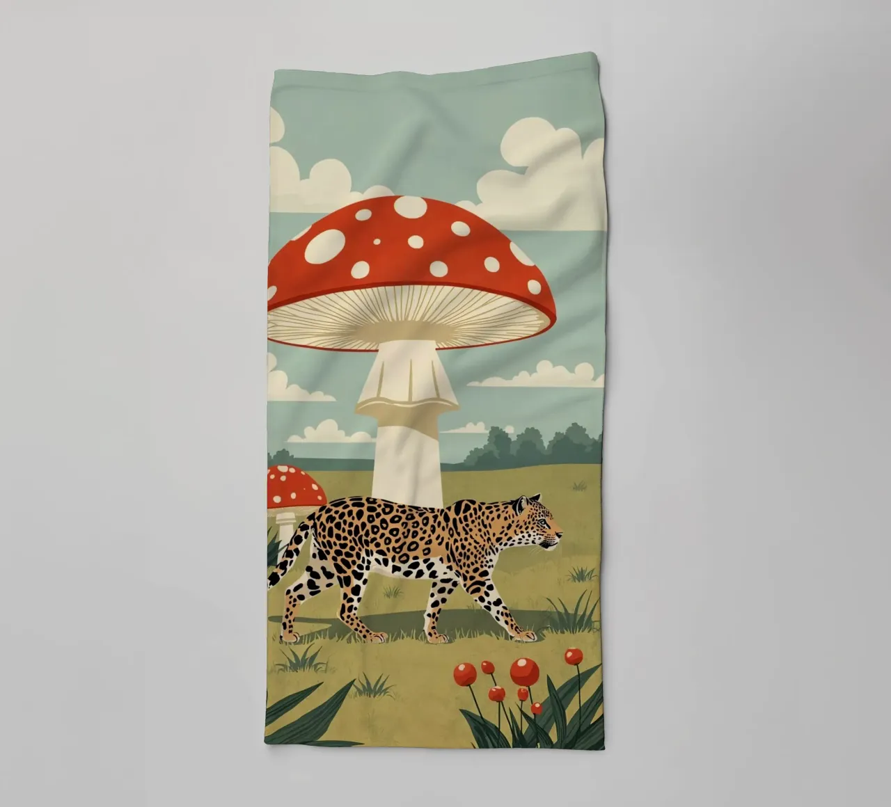 Giaguaro e funghi maculati in un campo asciugamano da bagno da DesignDoodle