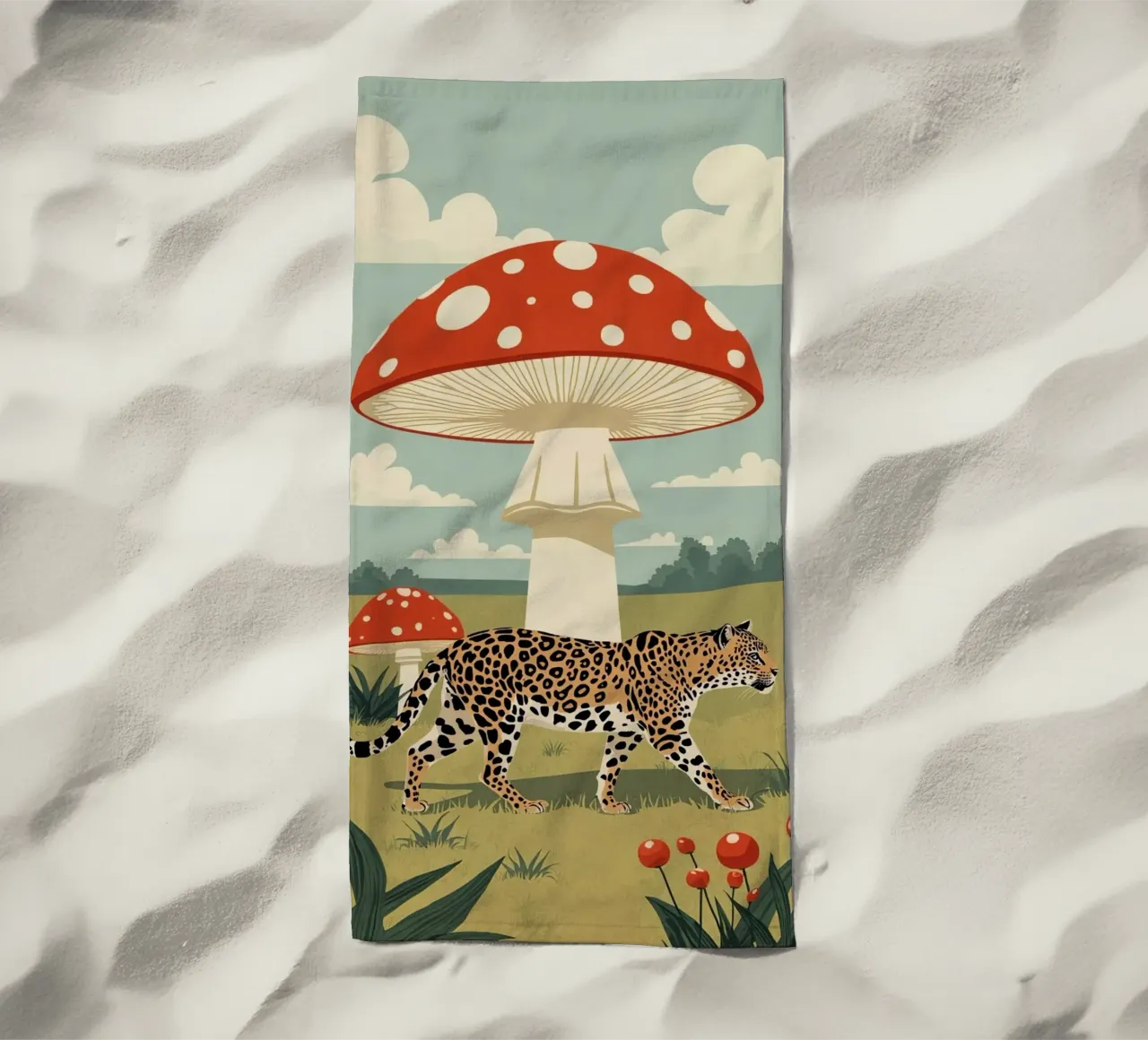 Giaguaro e funghi maculati in un campo telo mare da DesignDoodle