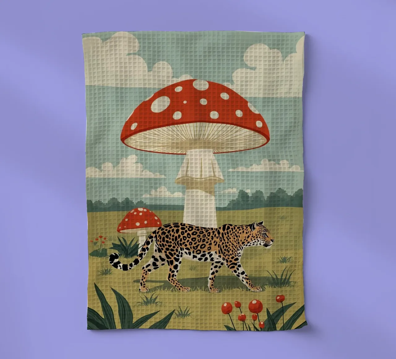 Giaguaro e funghi maculati in un campo canovaccio da cucina da DesignDoodle