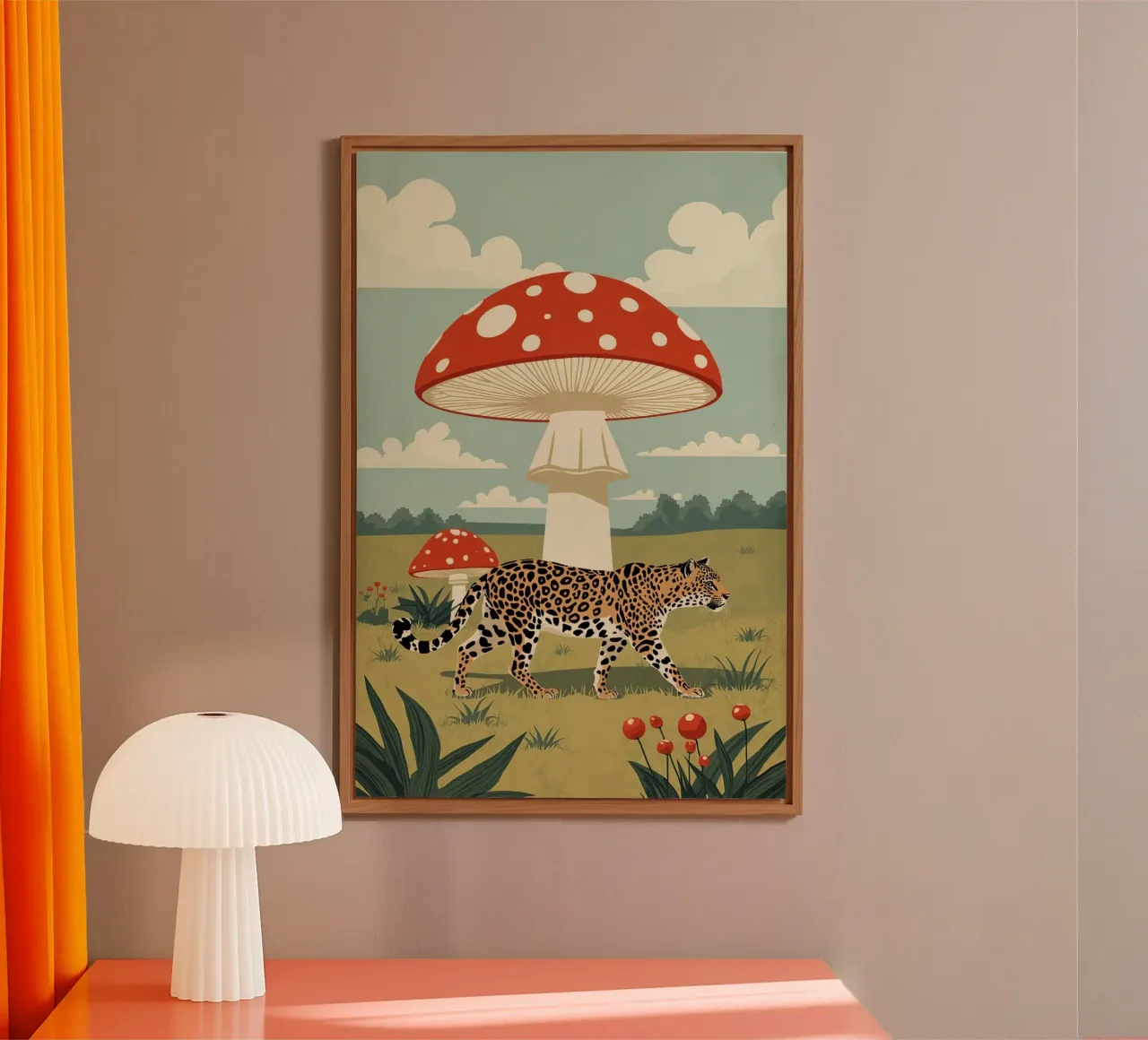 Giaguaro e funghi maculati in un campo alluminio dibond da DesignDoodle