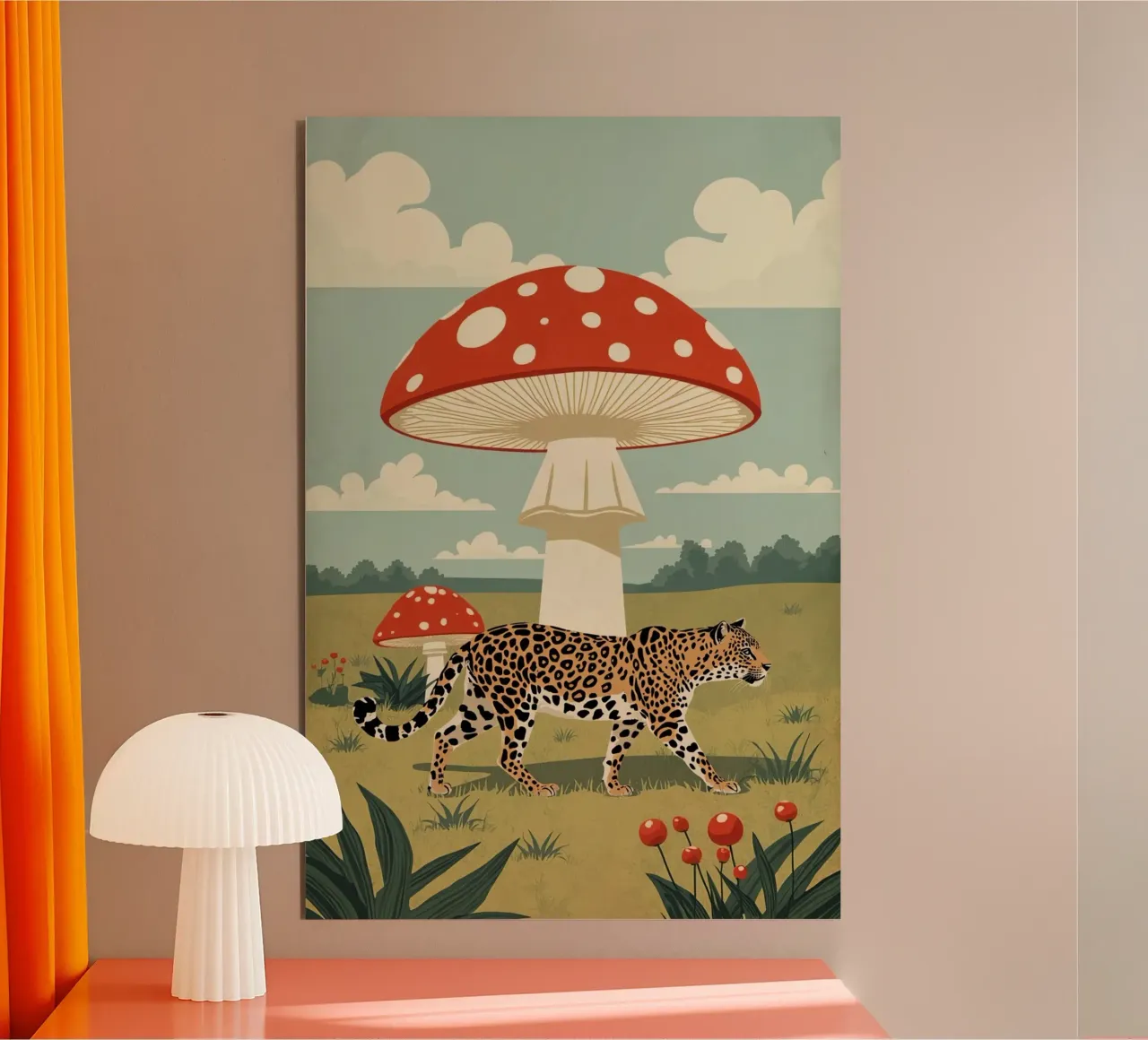 Giaguaro e funghi maculati in un campo alluminio dibond da DesignDoodle