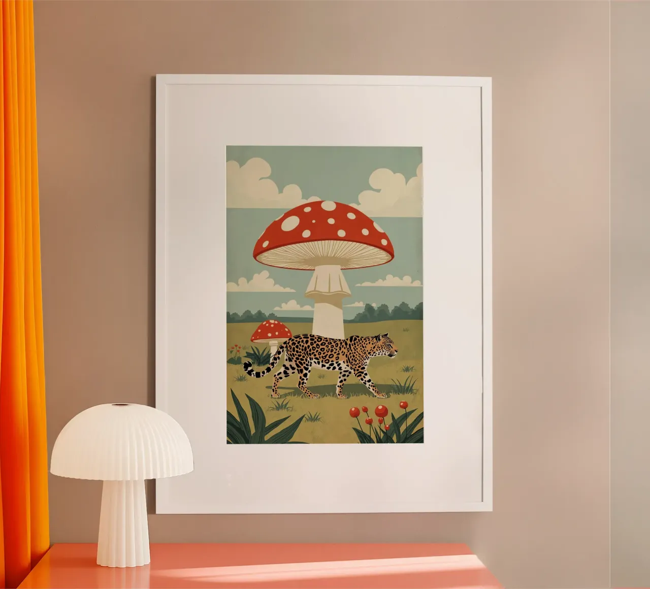 Giaguaro e funghi maculati in un campo poster con telaio in legno da DesignDoodle