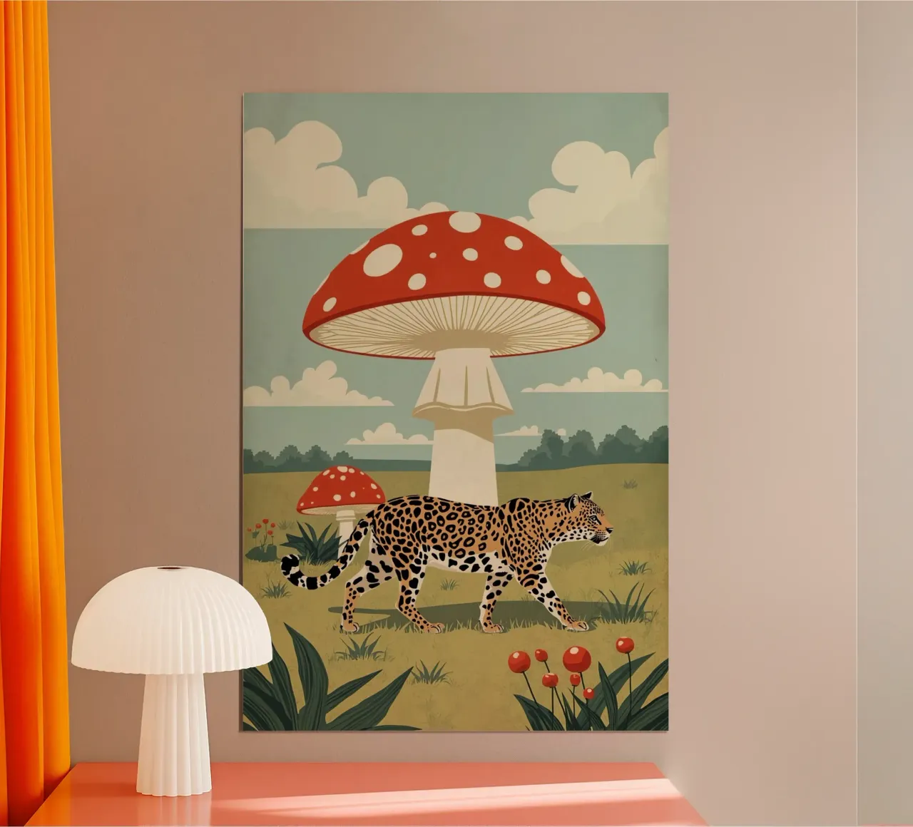 Giaguaro e funghi maculati in un campo poster con telaio in legno da DesignDoodle
