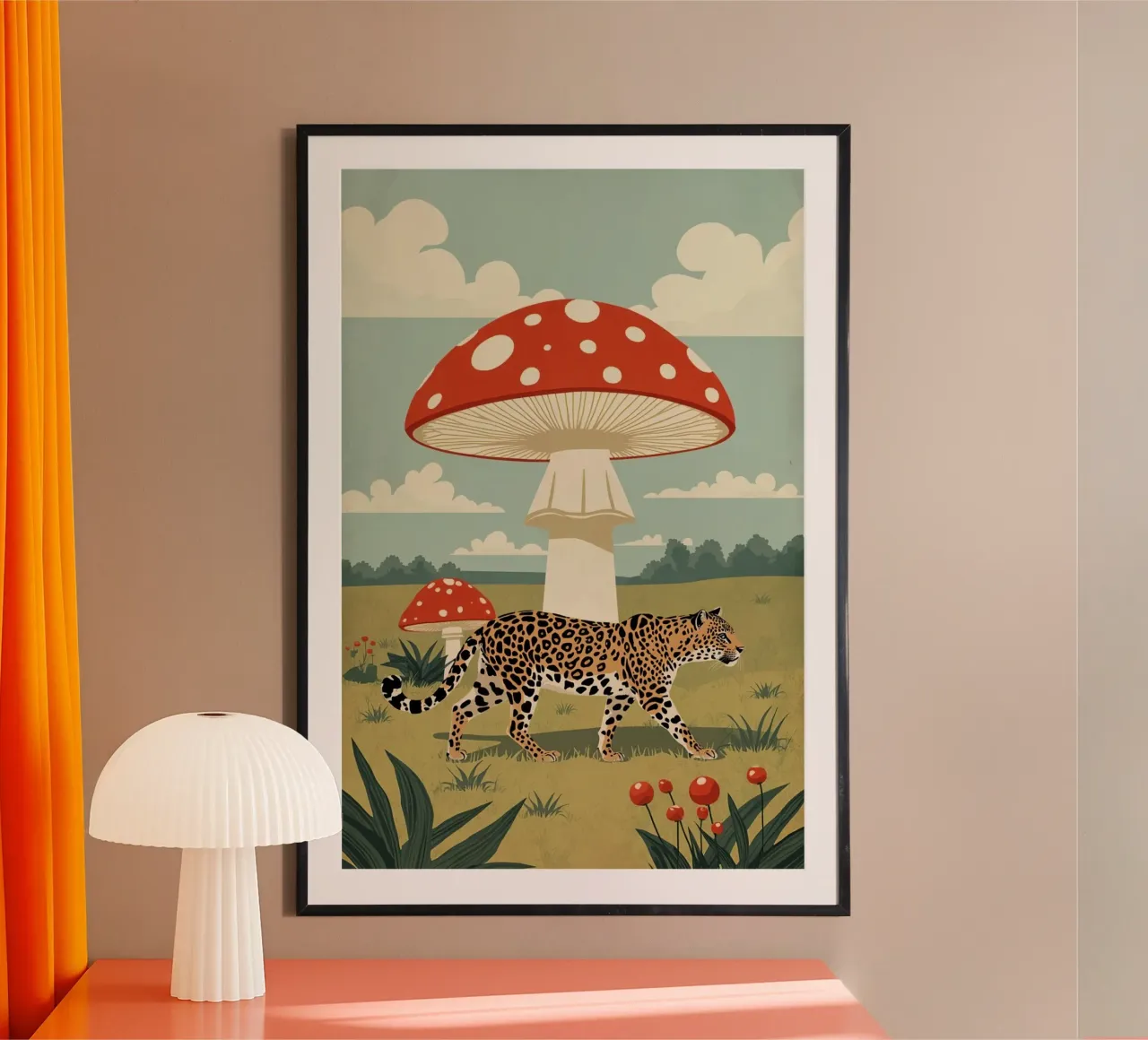 Giaguaro e funghi maculati in un campo poster con telaio in legno da DesignDoodle