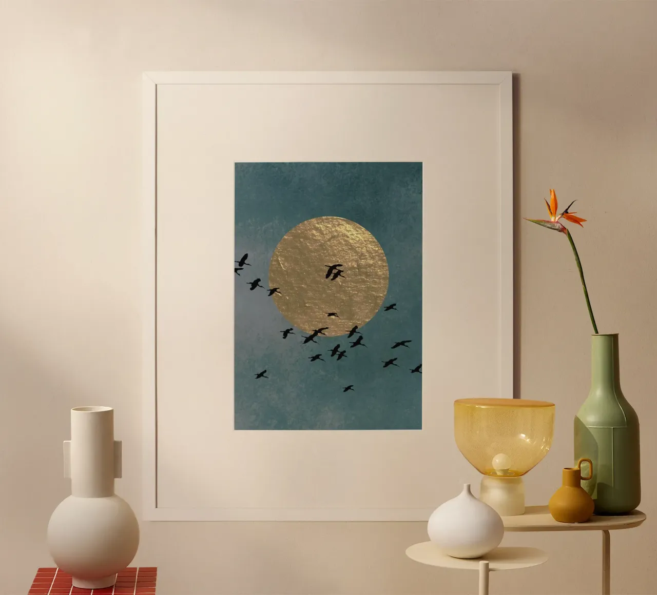 flock bird and sun poster con telaio in alluminio da Good days