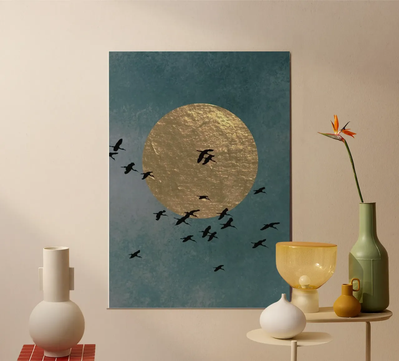 flock bird and sun poster con telaio in alluminio da Good days