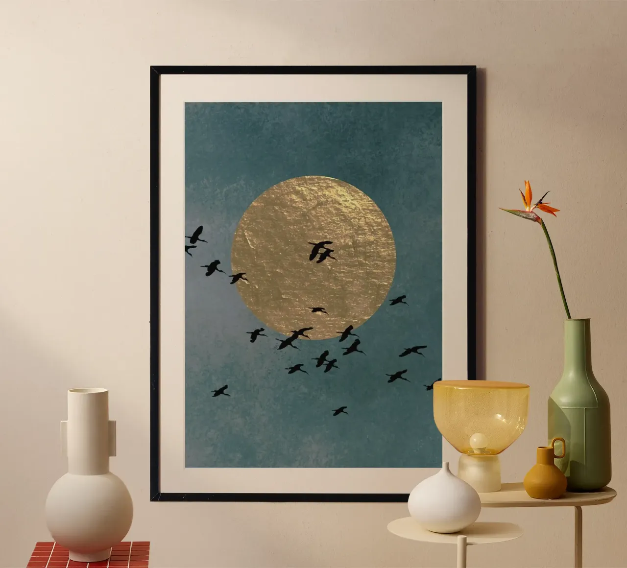 flock bird and sun poster con telaio in alluminio da Good days