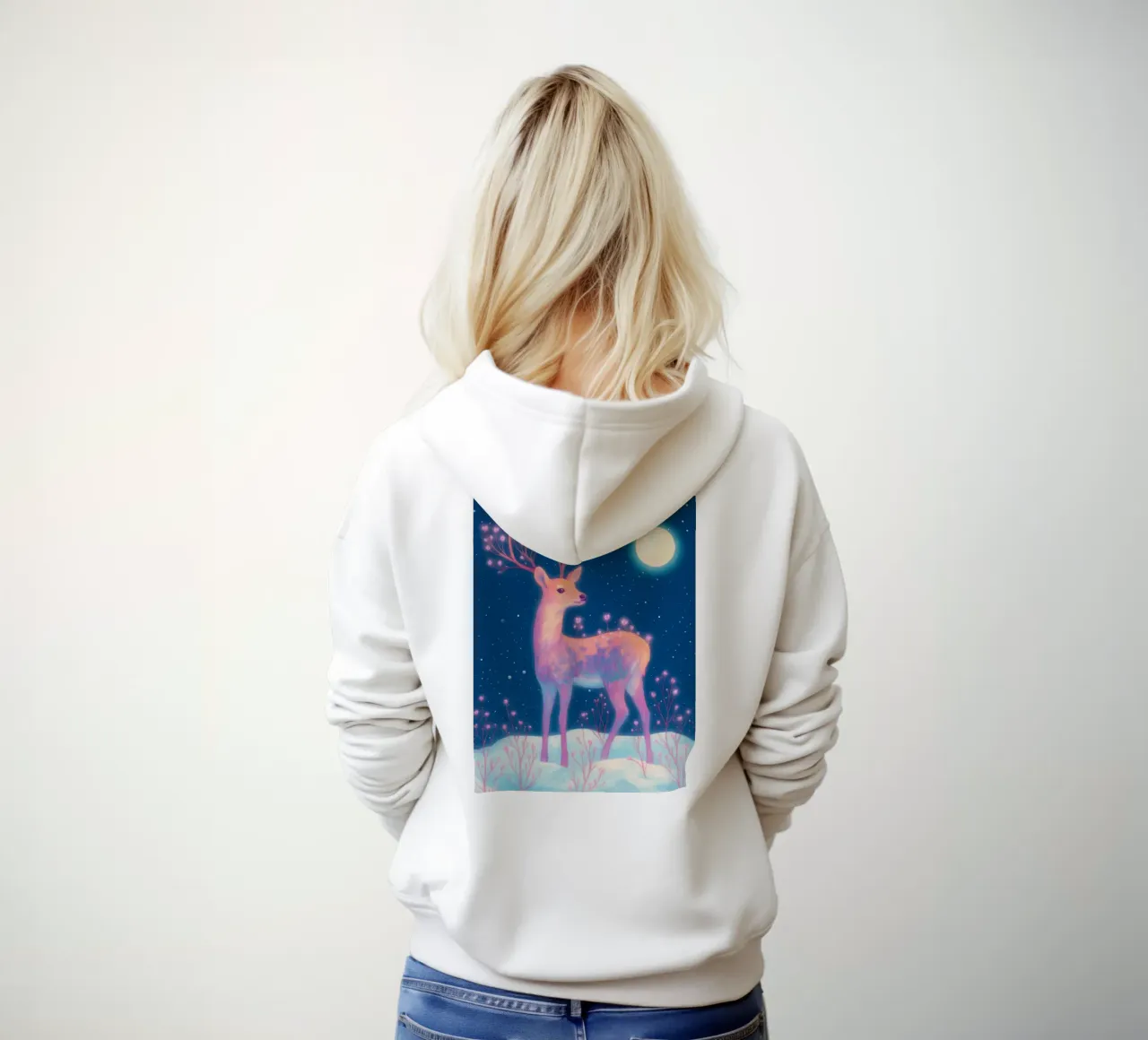 Sognante cervo rosa con luna e fiori nella neve Boho Inverno felpa con cappuccio da Gentle Echoes Art
