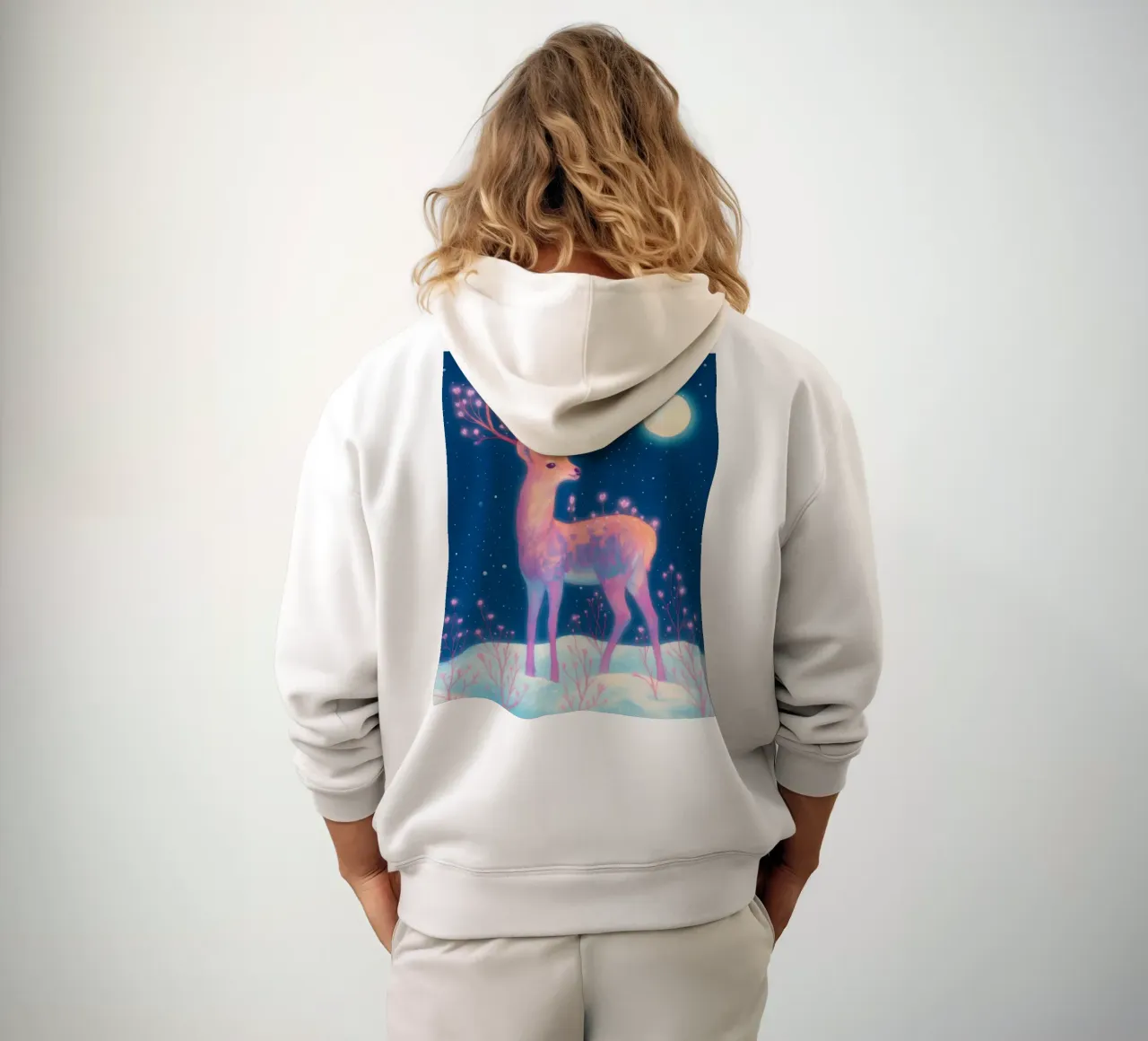 Sognante cervo rosa con luna e fiori nella neve Boho Inverno felpa con cappuccio da Gentle Echoes Art