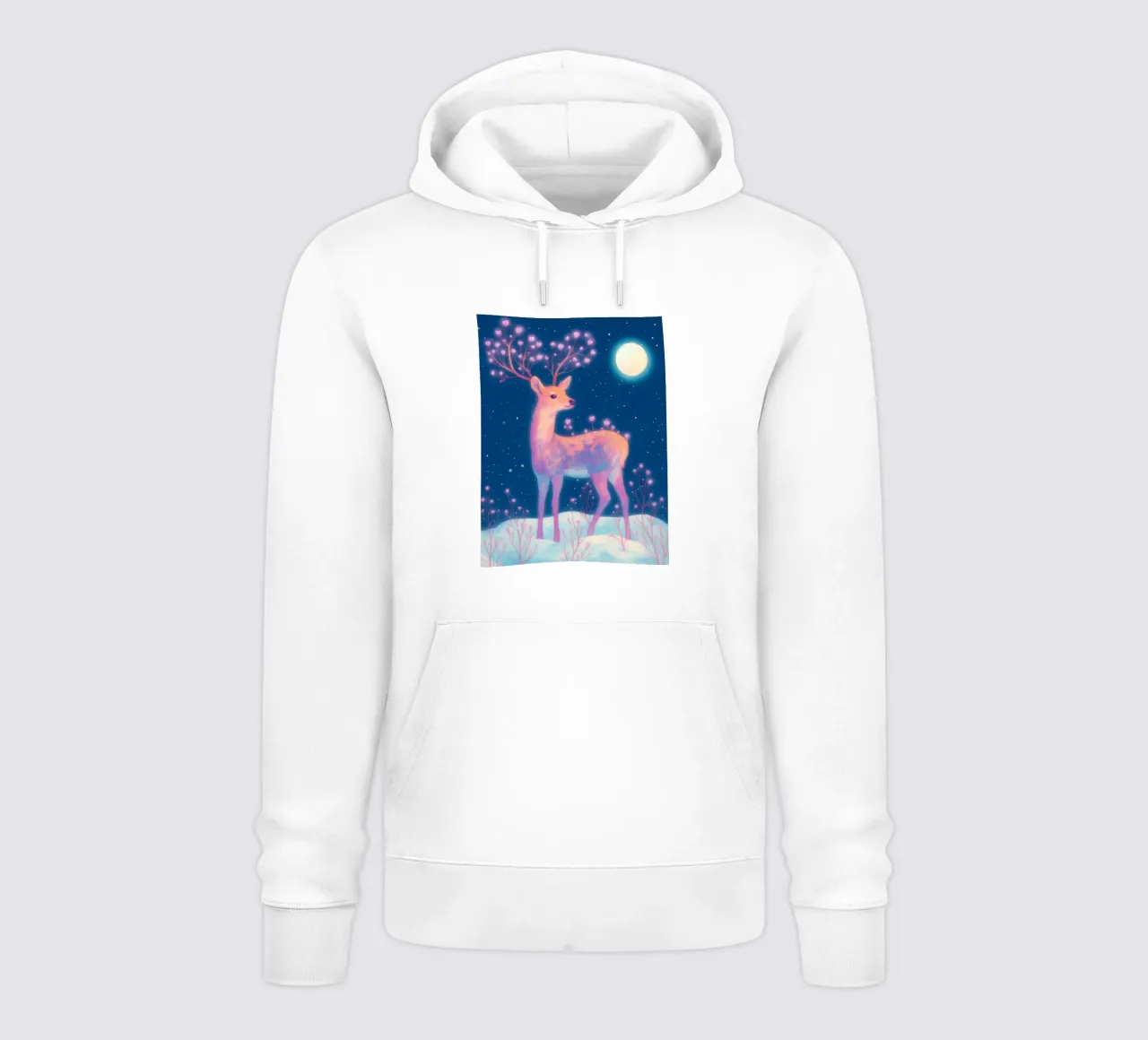 Sognante cervo rosa con luna e fiori nella neve Boho Inverno felpa con cappuccio da Gentle Echoes Art