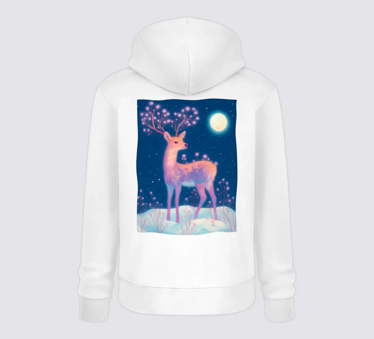 Sognante cervo rosa con luna e fiori nella neve Boho Inverno felpa con cappuccio da Gentle Echoes Art