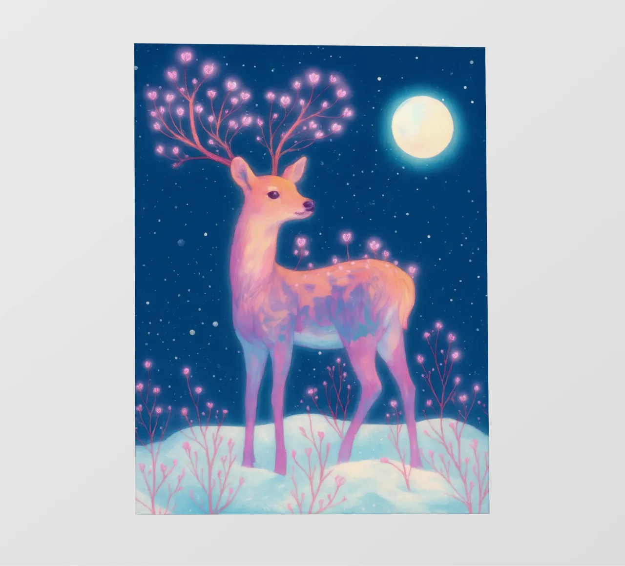 Sognante cervo rosa con luna e fiori nella neve Boho Inverno pellicola backlit da Gentle Echoes Art