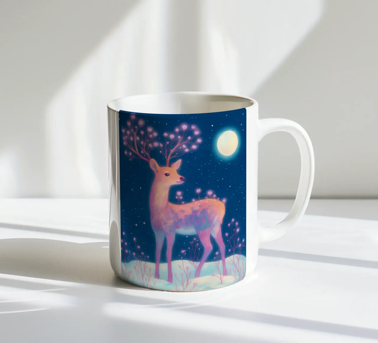 Sognante cervo rosa con luna e fiori nella neve Boho Inverno tazza in ceramica da Gentle Echoes Art