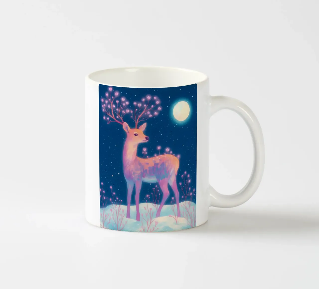 Sognante cervo rosa con luna e fiori nella neve Boho Inverno tazza in ceramica da Gentle Echoes Art
