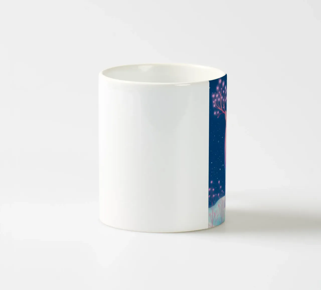 Sognante cervo rosa con luna e fiori nella neve Boho Inverno tazza in ceramica da Gentle Echoes Art