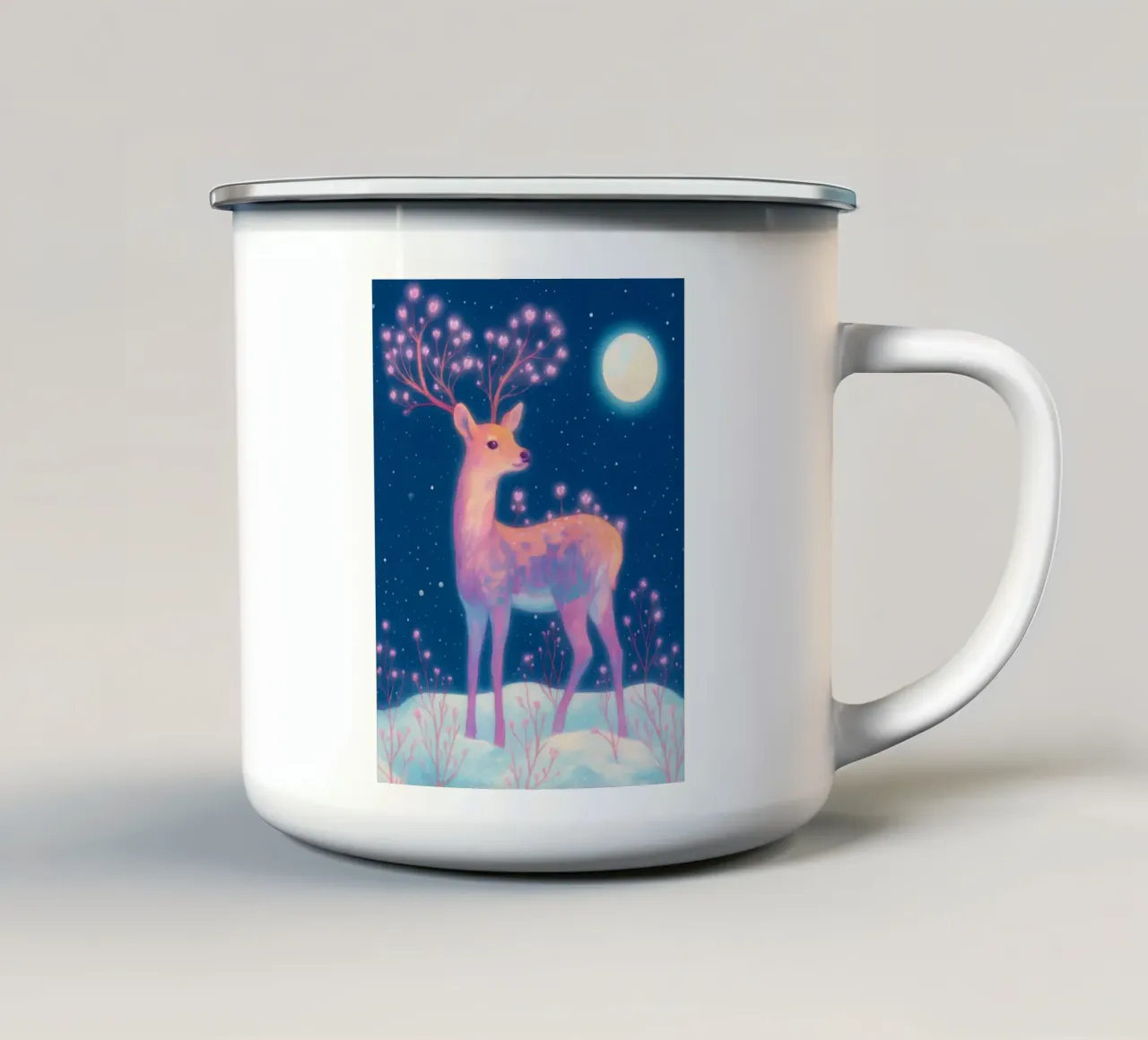 Sognante cervo rosa con luna e fiori nella neve Boho Inverno tazza in smalto da Gentle Echoes Art