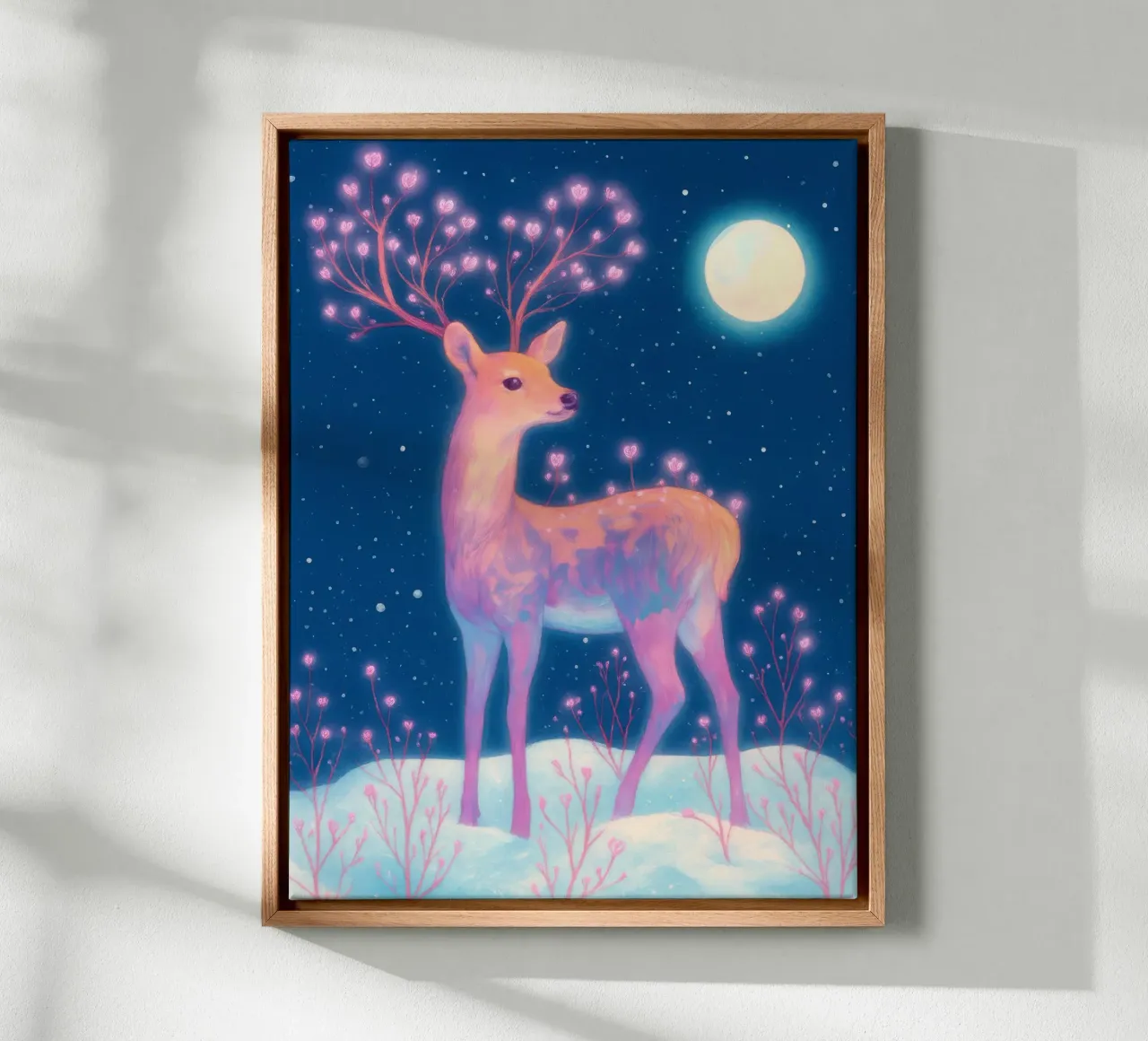 Sognante cervo rosa con luna e fiori nella neve Boho Inverno tela con Cornice a cassetta da Gentle Echoes Art