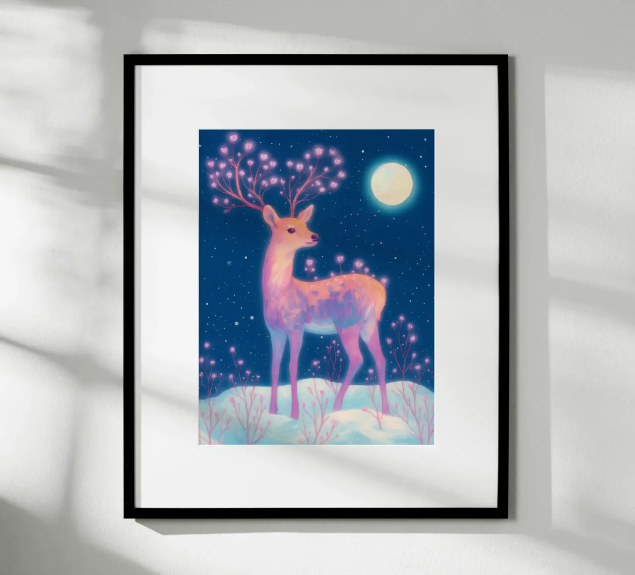 Sognante cervo rosa con luna e fiori nella neve Boho Inverno poster da Gentle Echoes Art