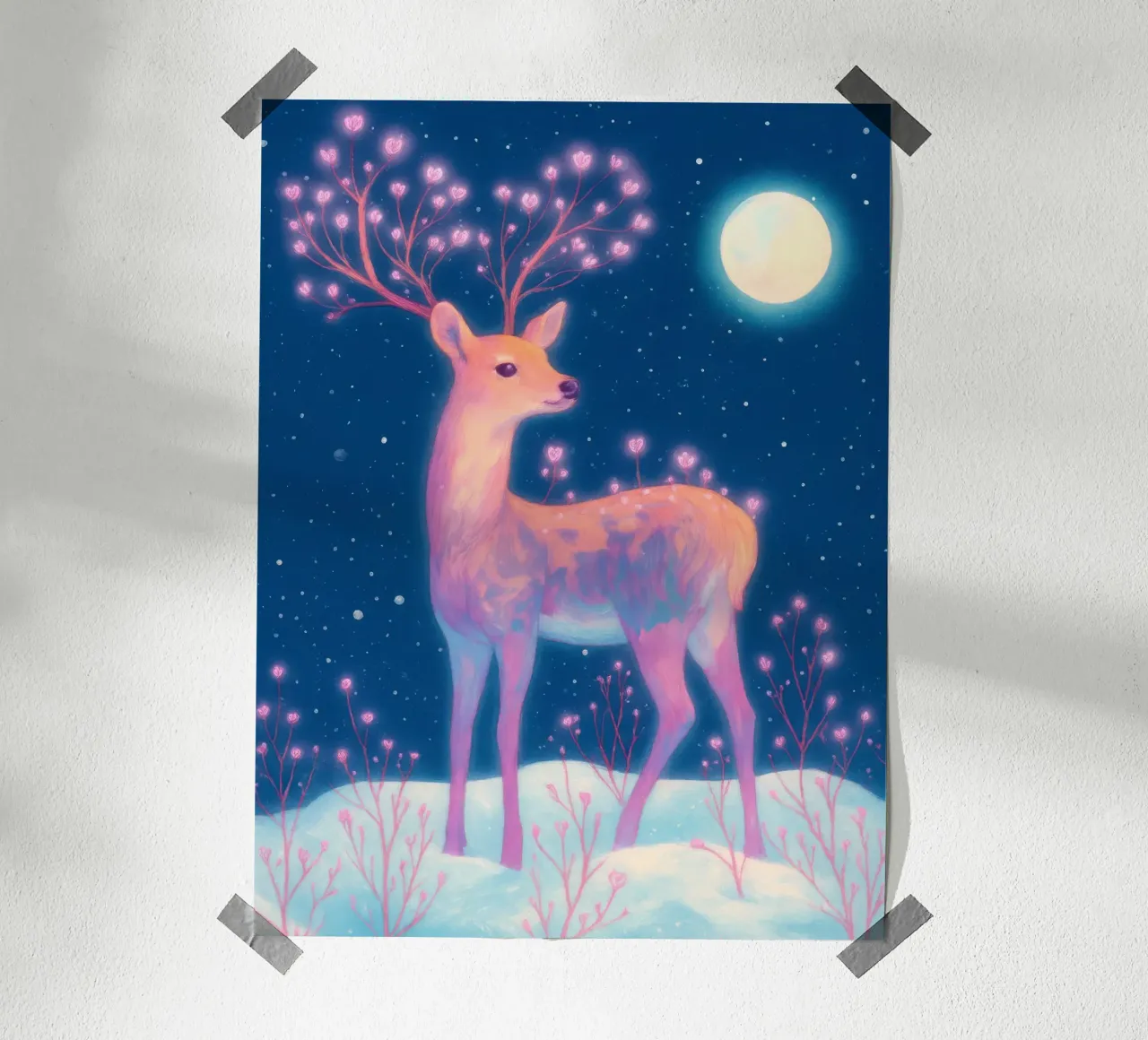 Sognante cervo rosa con luna e fiori nella neve Boho Inverno poster da Gentle Echoes Art