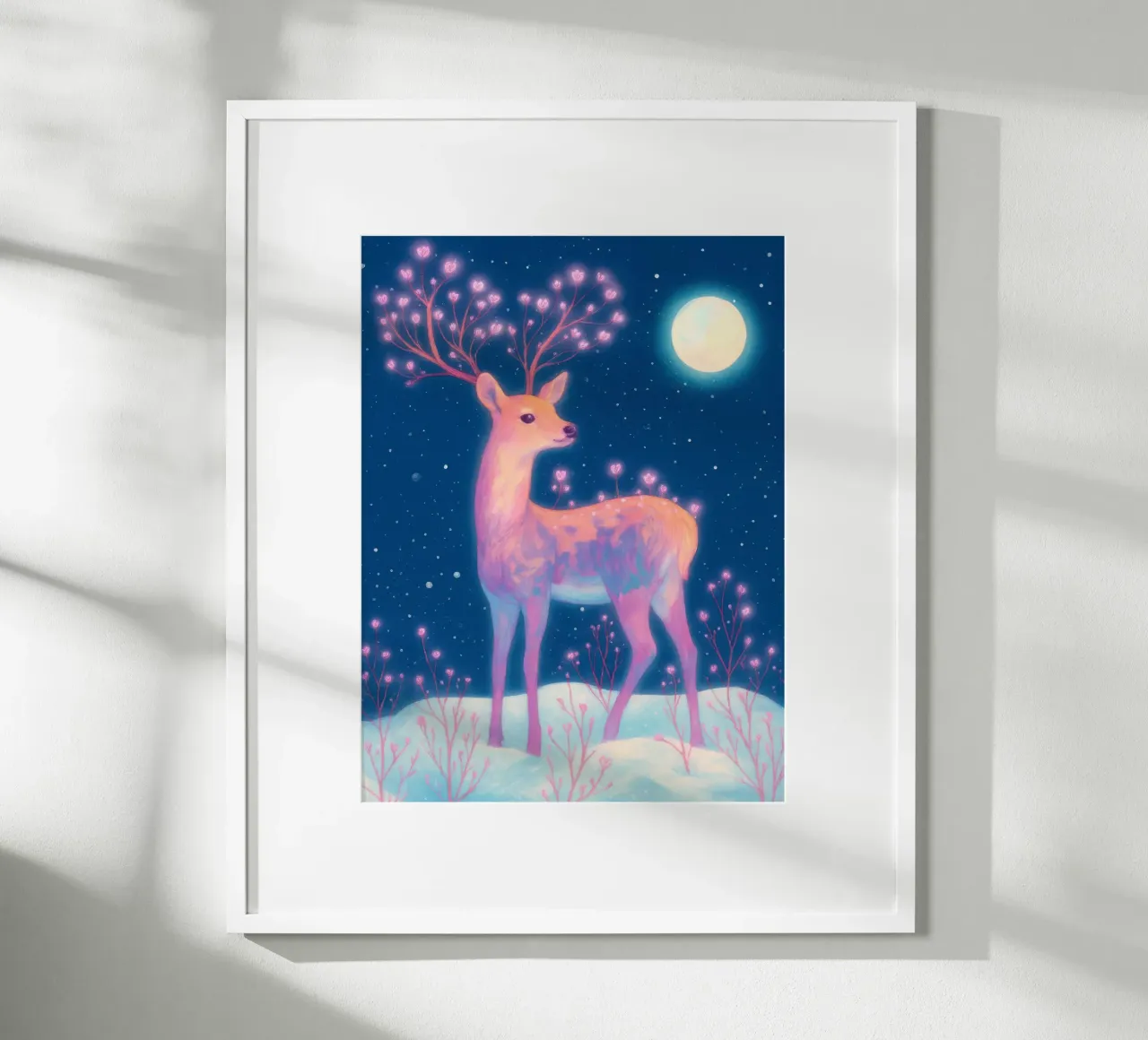 Sognante cervo rosa con luna e fiori nella neve Boho Inverno poster da Gentle Echoes Art