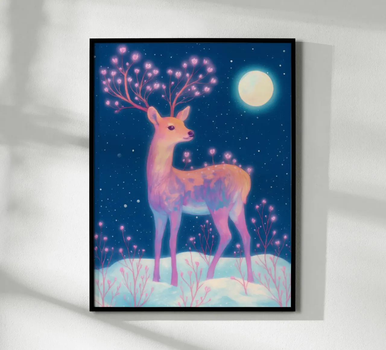 Sognante cervo rosa con luna e fiori nella neve Boho Inverno poster da Gentle Echoes Art