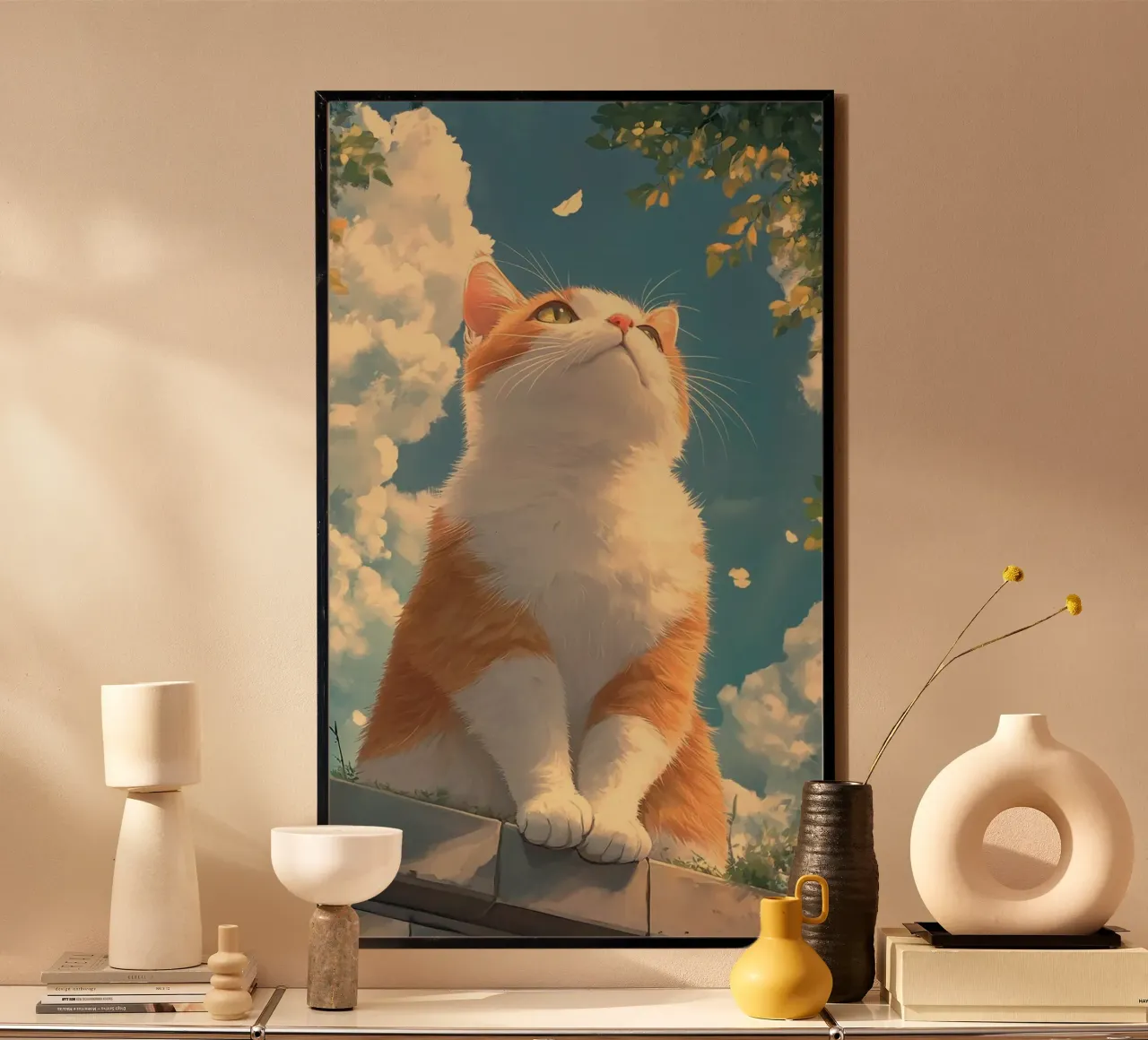 kitty viewing the sky poster con telaio in plastica da kichin