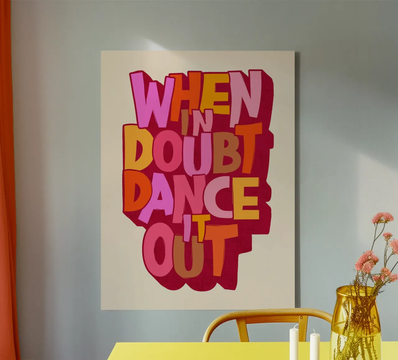 When in Doubt Dance It Out – Playful Retro Typography canvas with Floater frame by showmemars