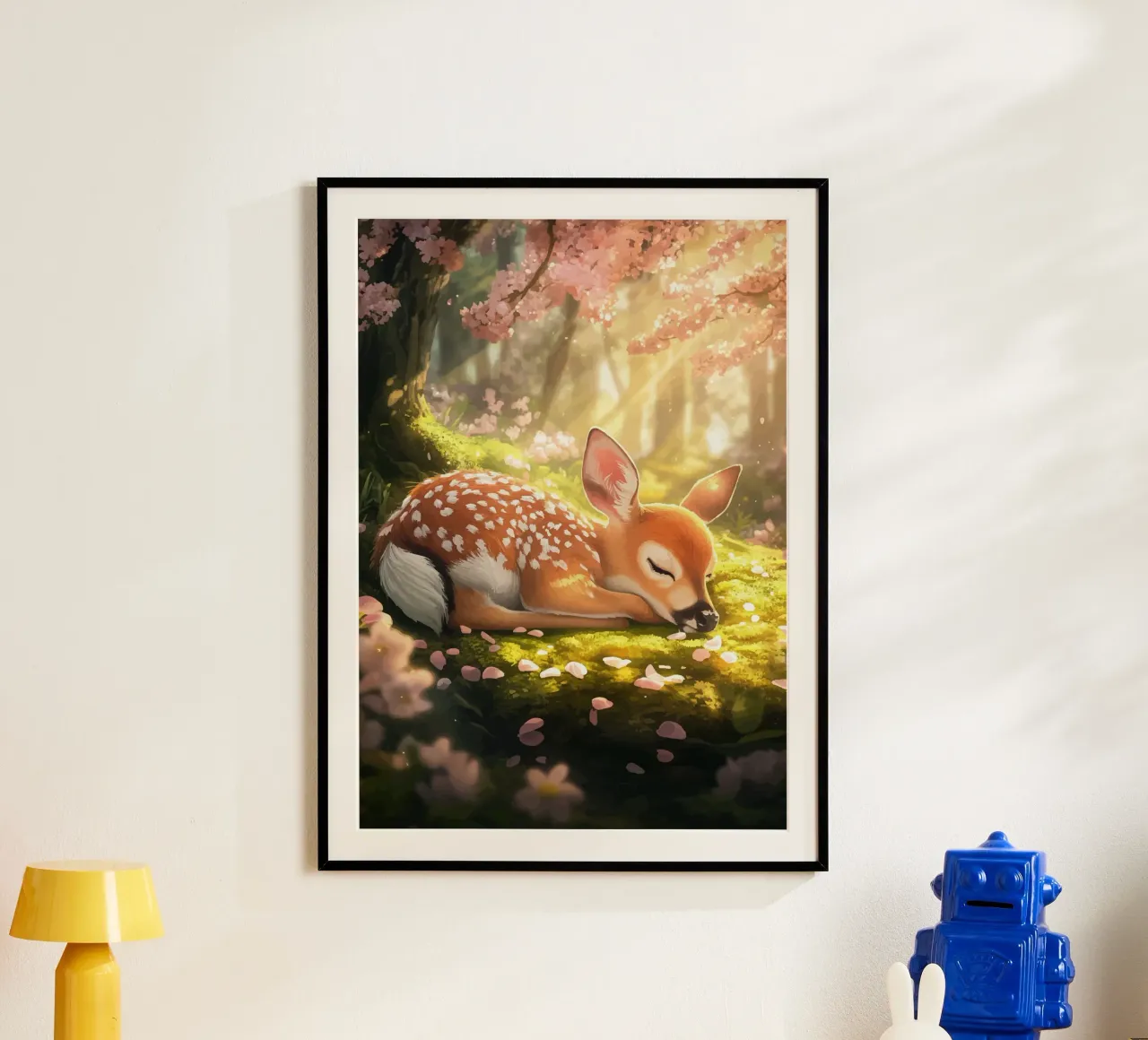 Cerbiatto addormentato nel bosco di ciliegi in fiore poster da pixelbull - medieval art and more