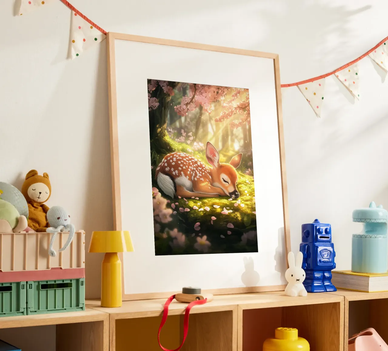 Cerbiatto addormentato nel bosco di ciliegi in fiore poster da pixelbull - medieval art and more