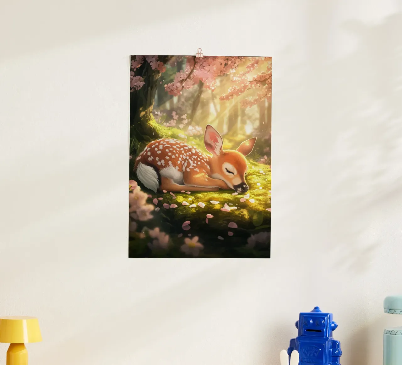 Cerbiatto addormentato nel bosco di ciliegi in fiore poster da pixelbull - medieval art and more