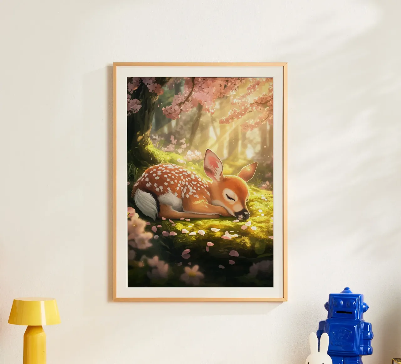 Cerbiatto addormentato nel bosco di ciliegi in fiore poster da pixelbull - medieval art and more